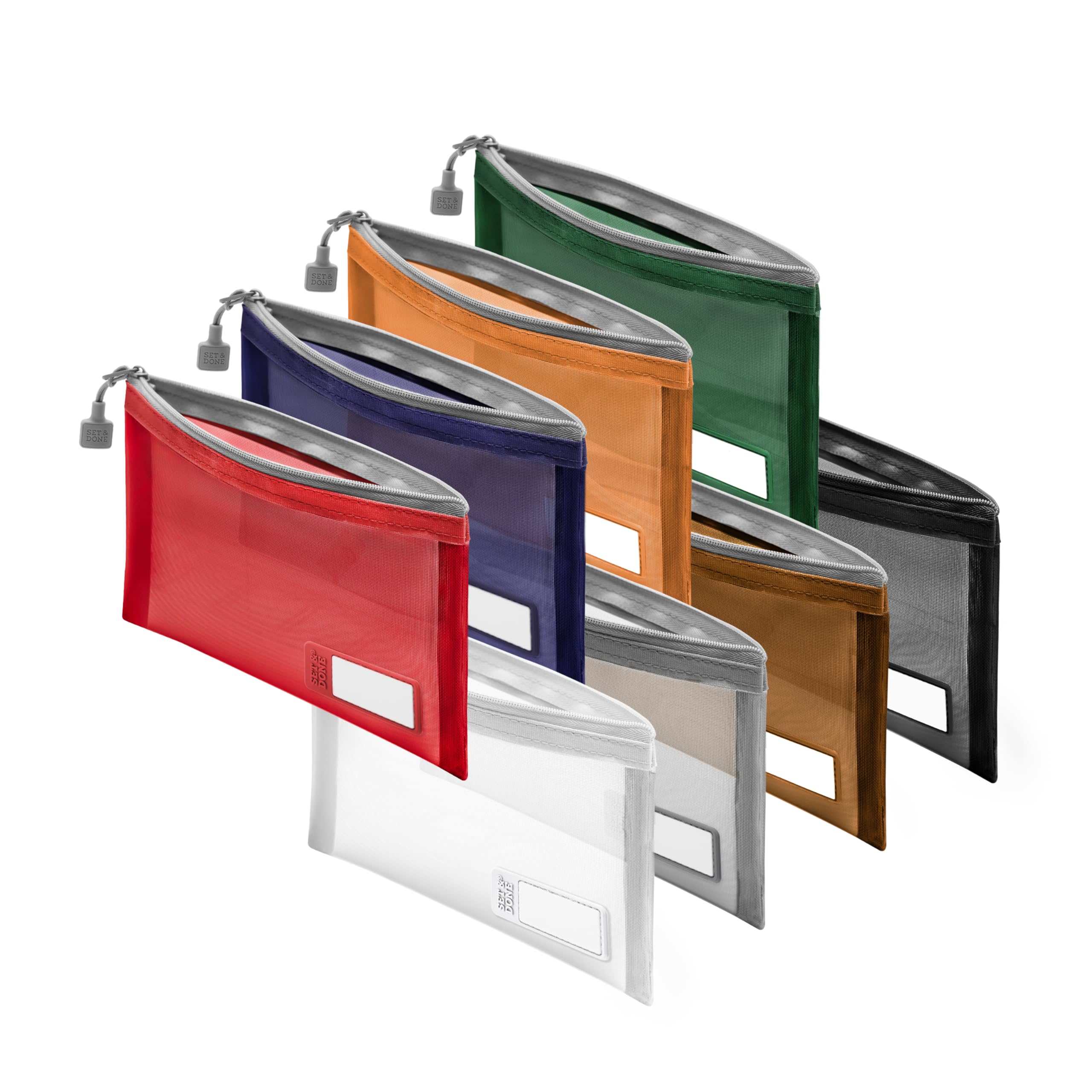 Set & Done Reißverschluss-Tasche, strapazierfähige Nylon-Netztasche für Bleistifte, Stifte, Kosmetik, Reise-Set, Organizer, kleine Dokumentenaufbewahrung mit Personalisierung, mehrfarbig, 8er-Pack,