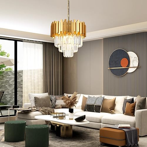 Miniatura 2 de brfaixla Candelabros de cristal dorado de 15.76 pulgadas, 5 luces, lámpara colgante de cristal moderno de 3 niveles, iluminación colgante de cristal