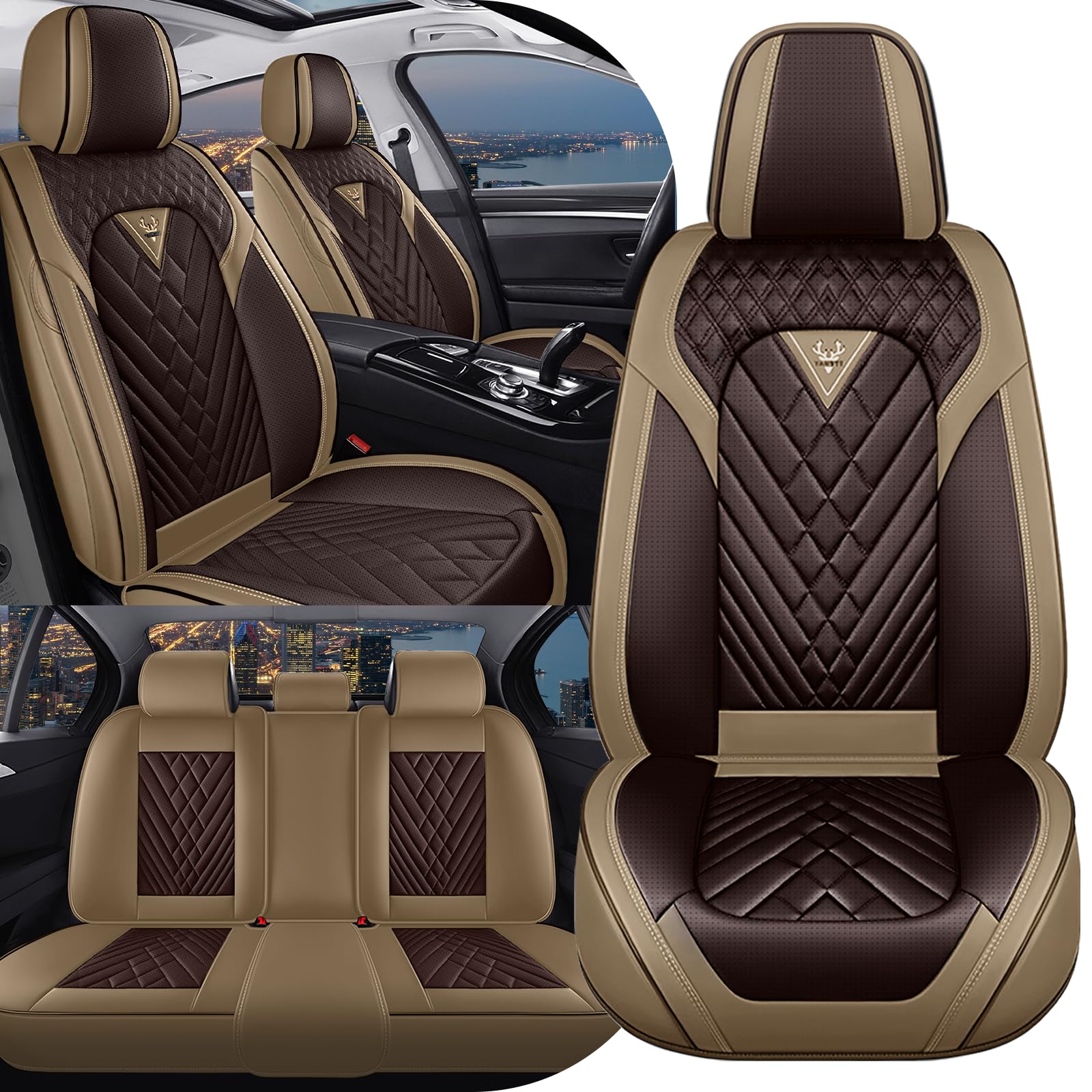 Car Seat Cover for Cadillac CTS 2003-2019,Premium Nappa Leather Waterproof Anti-Slip Sports Seat Cover,Airbag Compatible Easy to Install Seat Protector Full Set(Brown&Coffee)