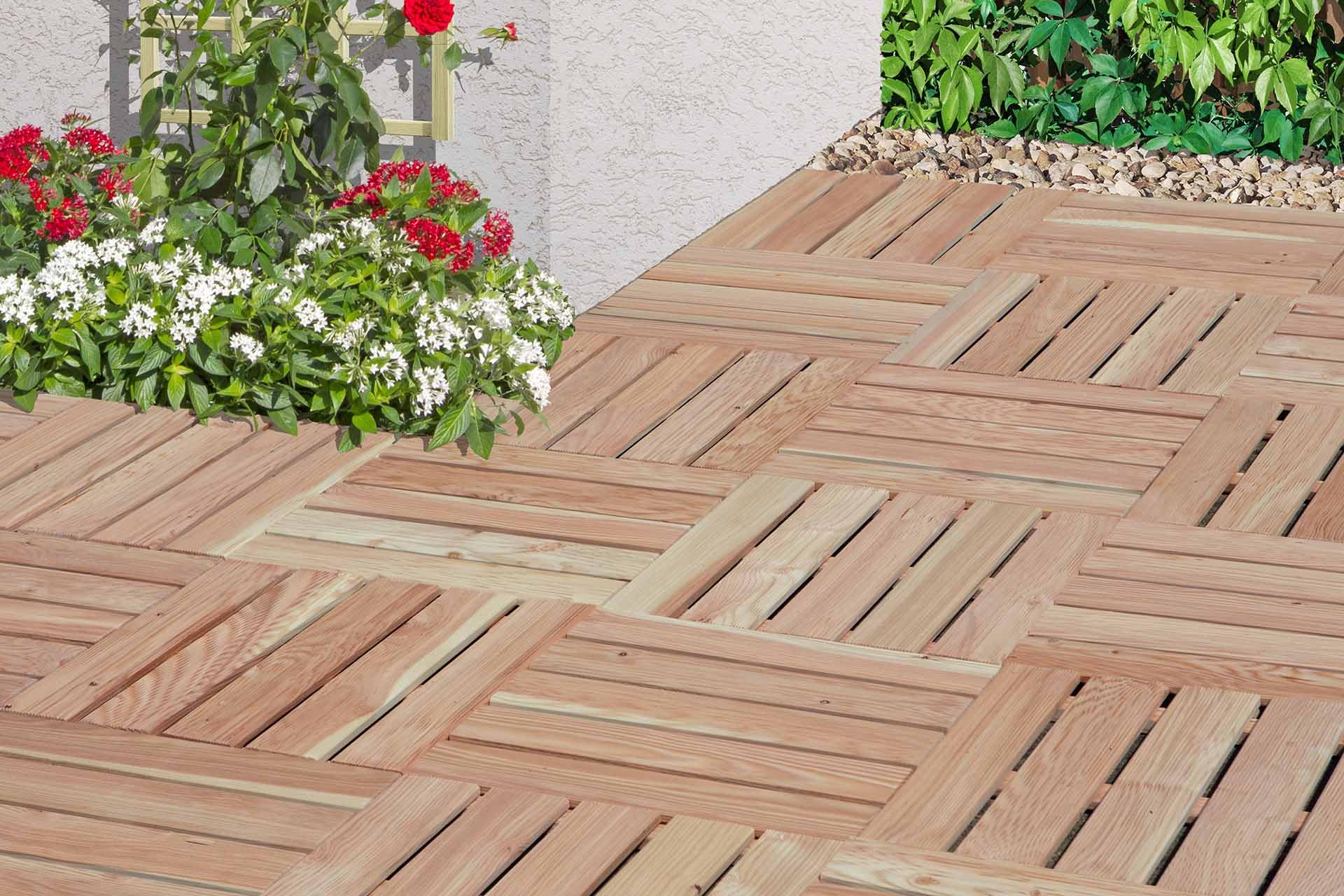 6 Stück Holzfliesen aus Lärchenholz 40 x 40 cm - Wetterfester Outdoor-Bodenbelag für Terrasse, Balkon & Garten