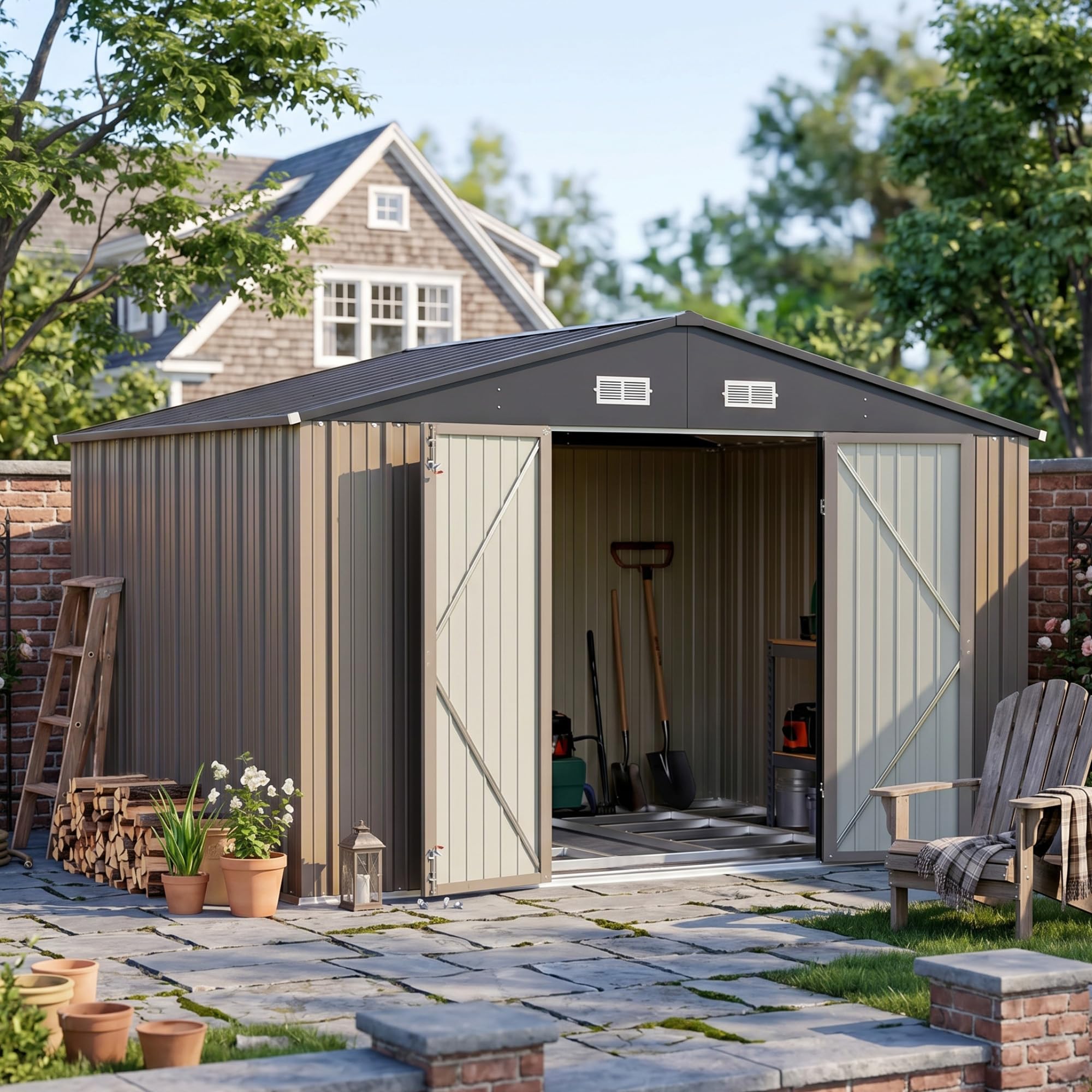 Devoko 10x8 FT Outdoor Storage Shed with Floor Frame, Brown