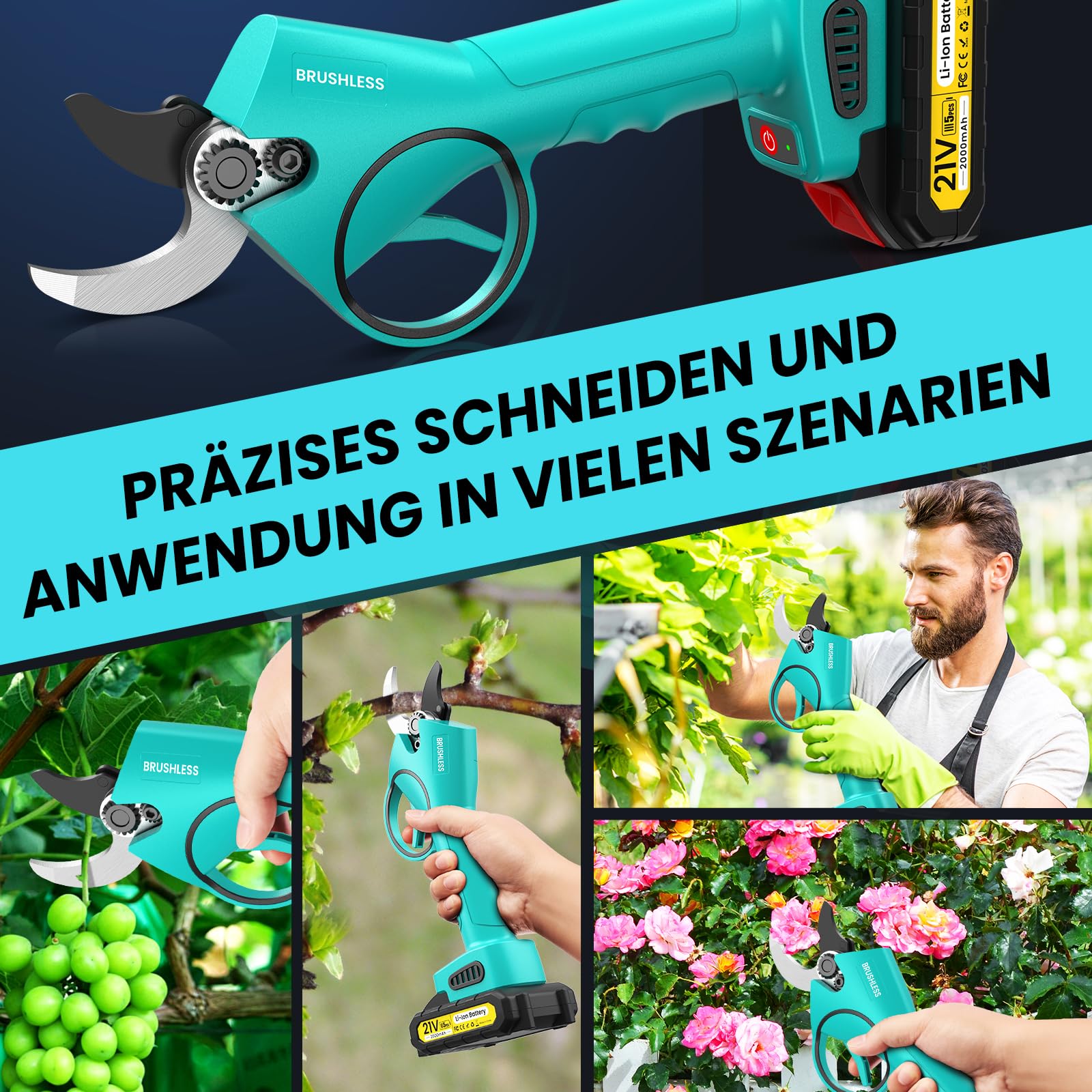 Akku Astschere 33 mm, Elektrische Gartenschere mit Bürstenloser Motor