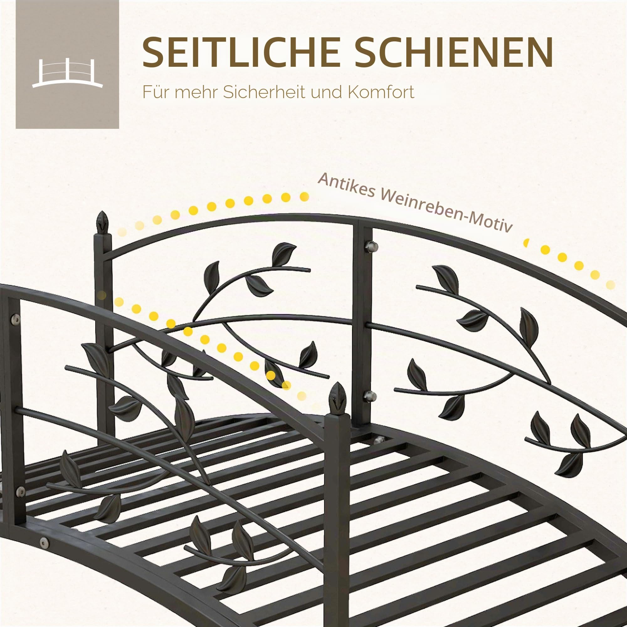 Outsunny Gartenbrücke – Beckenbrücke – Gartendekoration Maße: 119 x 67 x 47 cm (L x B x H) mit Geländer, Motiv Rebe, Stahl, Schwarz