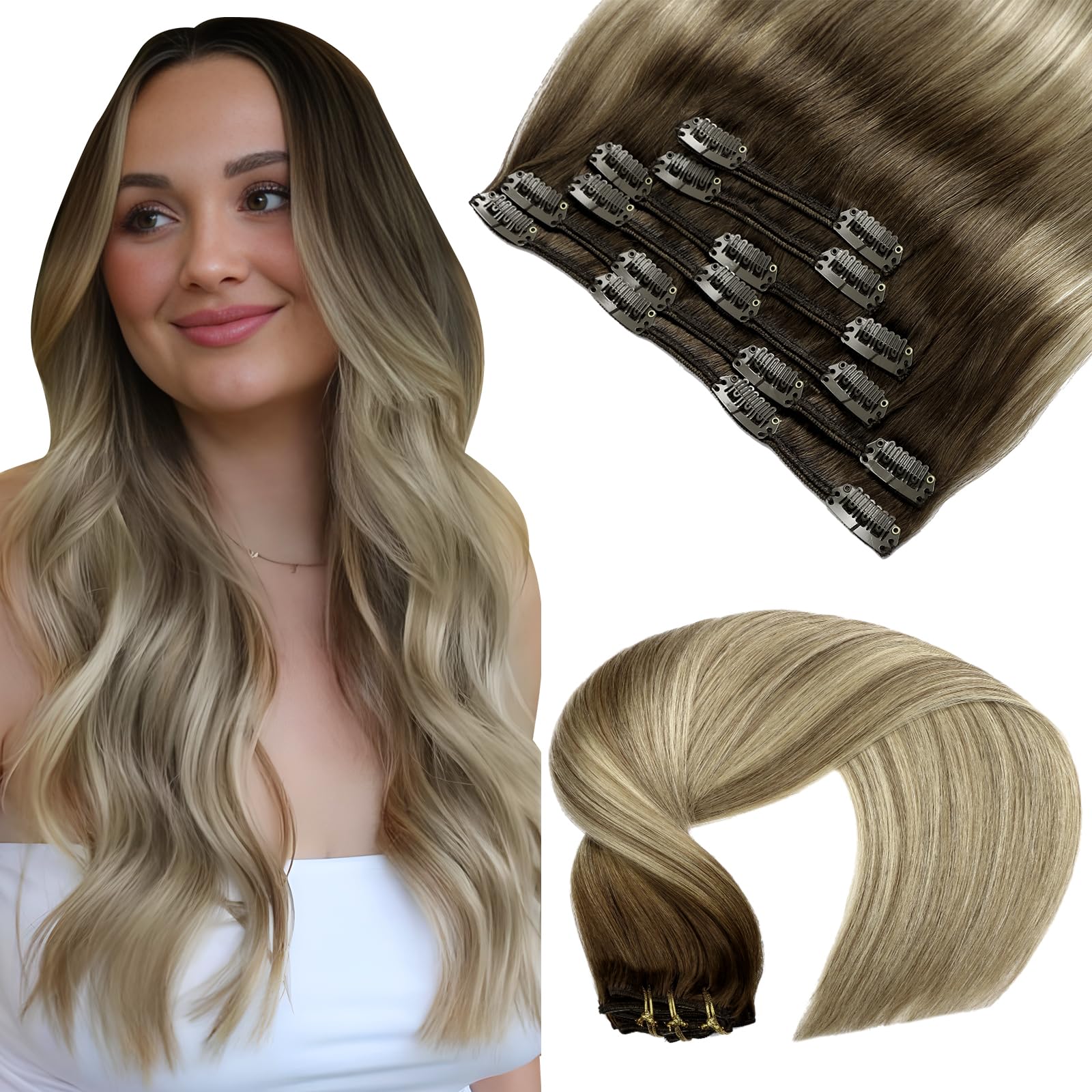 VINBAO Clip in Extensions Echthaar Remy Natürliche Echthaar Extensions 6 Stück Haarverlangerung Echthaar Clip Natural Hair Extensions Clip in Glatt