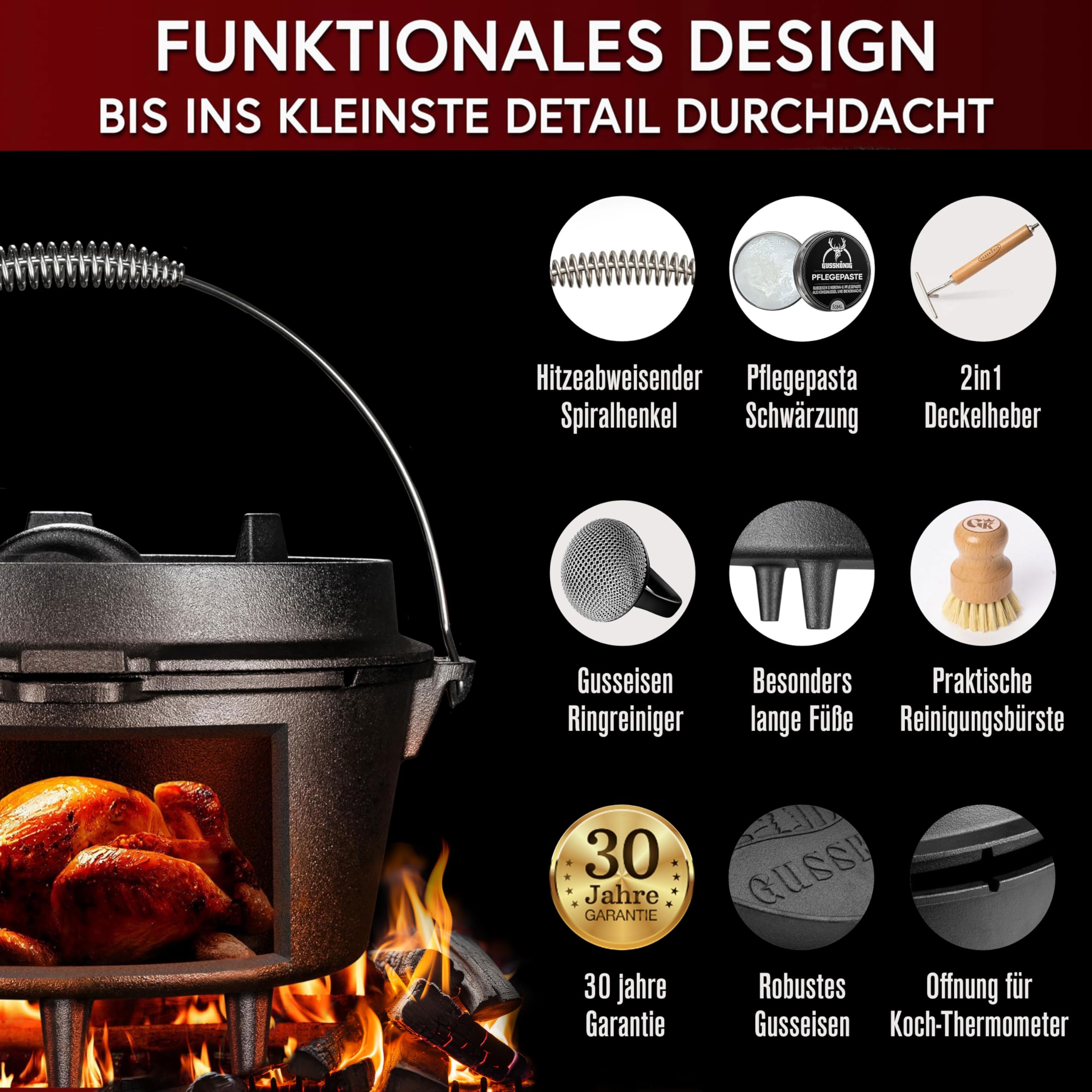 GUSSKÖNIG Dutch Oven Set–Eingebrannter Dutch Oven 9L[4-8 Person]- Feuertopf Gusseisen mit Füße–Schmortopf Doppelfunktion–2in1 Deckelheber, Schrubber, Pflegepaste, Bürste & Rezeptbuch-30 Jahre Garantie