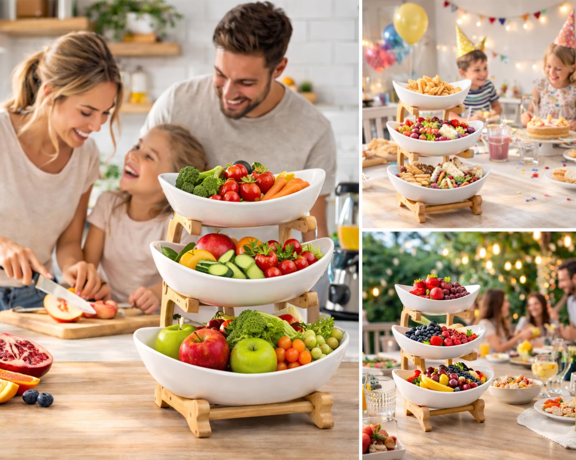 Obst Etagere 3 Stöckig Keramik mit Bambusständer – Etagere Obstschale für Küche & Esstisch, Große Obstständer für Arbeitsplatte, Spülmaschinenfest