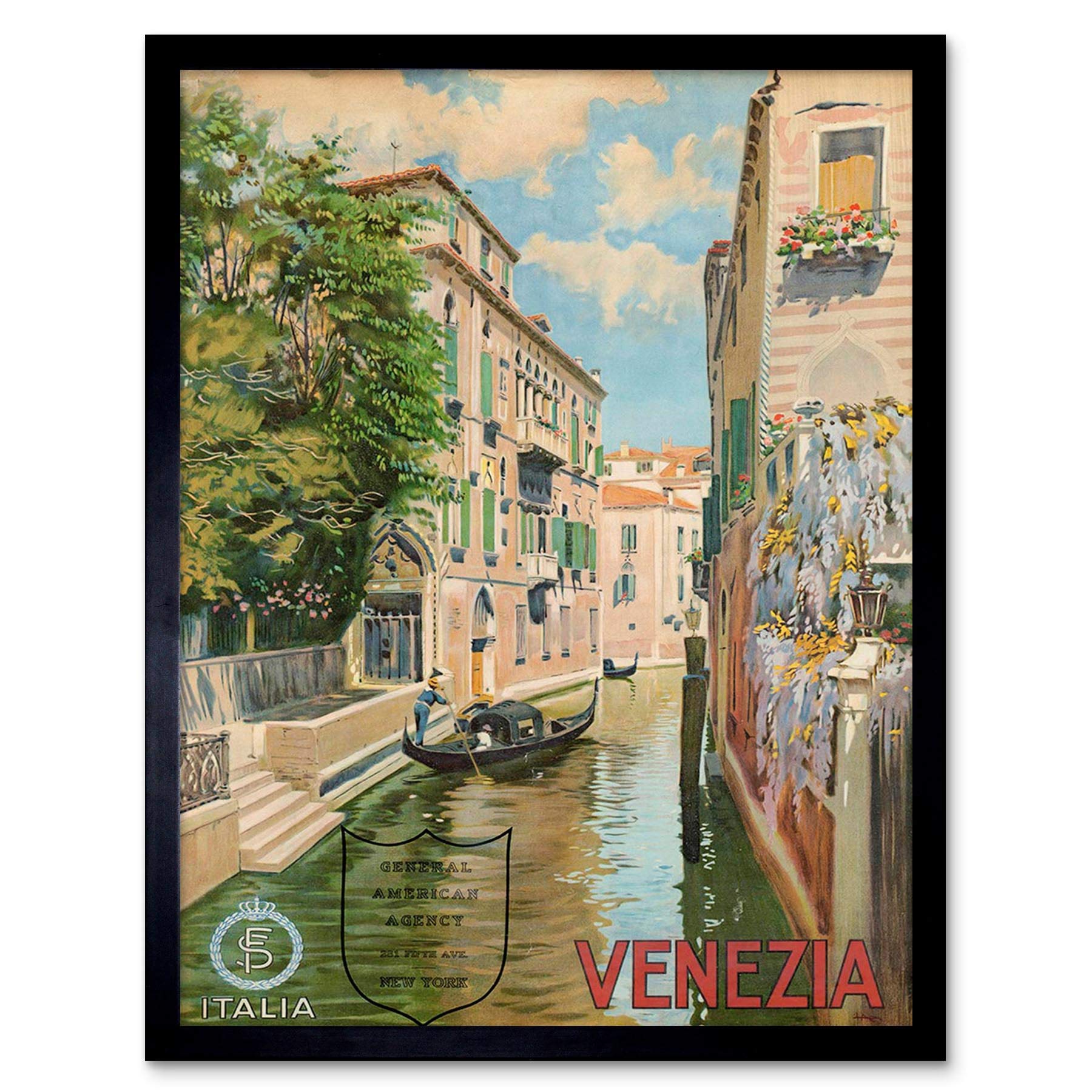 Wee Blue Coo Travel Tourism Venice Canal Gondola Romantic Italy City Art Print Framed Poster Wall Decor 12X16 Inch