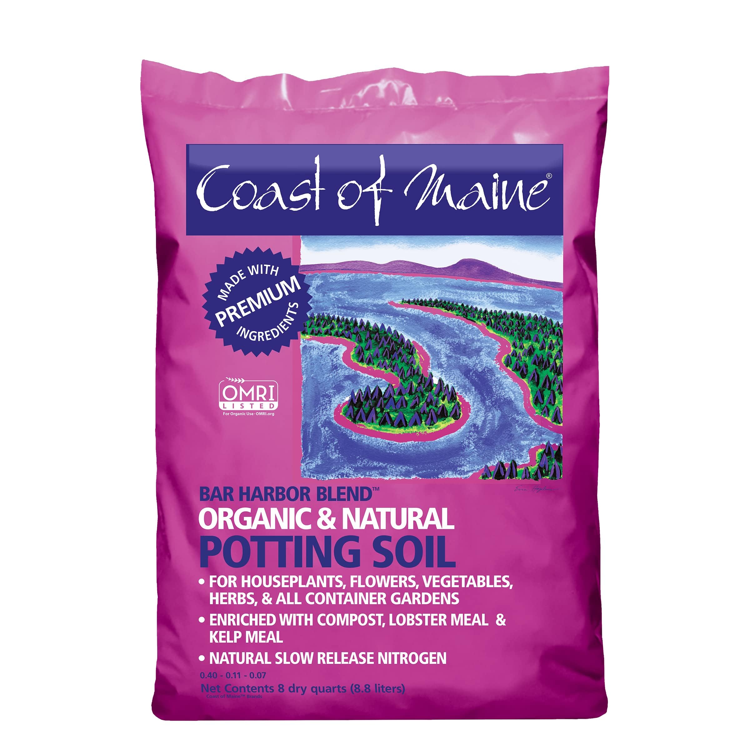 Coast of Maine Organic & Natural Bar Harbor Blend Potting Soil - Organic Soil w/Perlite for Enhanced Drainage & Aeration - for Flowers, Herbs & Veggies, Floral Baskets & Container Gardening (8QT)