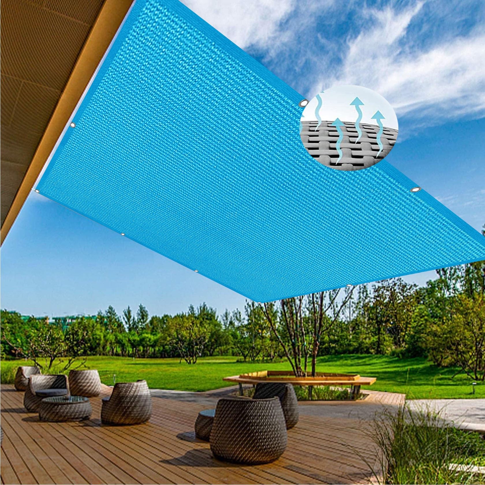 Rechteckiges Sonnensegel, 3,5 x 7 m, mit 98 % UV-Block, atmungsaktives HDPE-Gewebe, für Außenbereich, Garten, Terrasse, Rasen, Blau