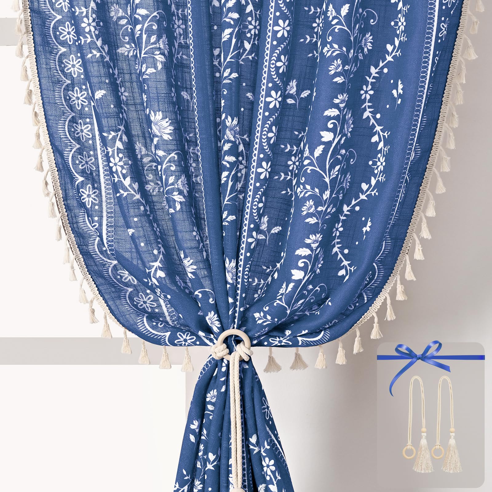 Yinhua Boho Curtains for Living Room 63 Inch Length Vintage Linen Blue Curtains for Bedroom Light Filtering Floral Window Curtain Rod Pocket &amp; Back Tabs Farmhouse Rustic Tassel Drapes with Tiebacks