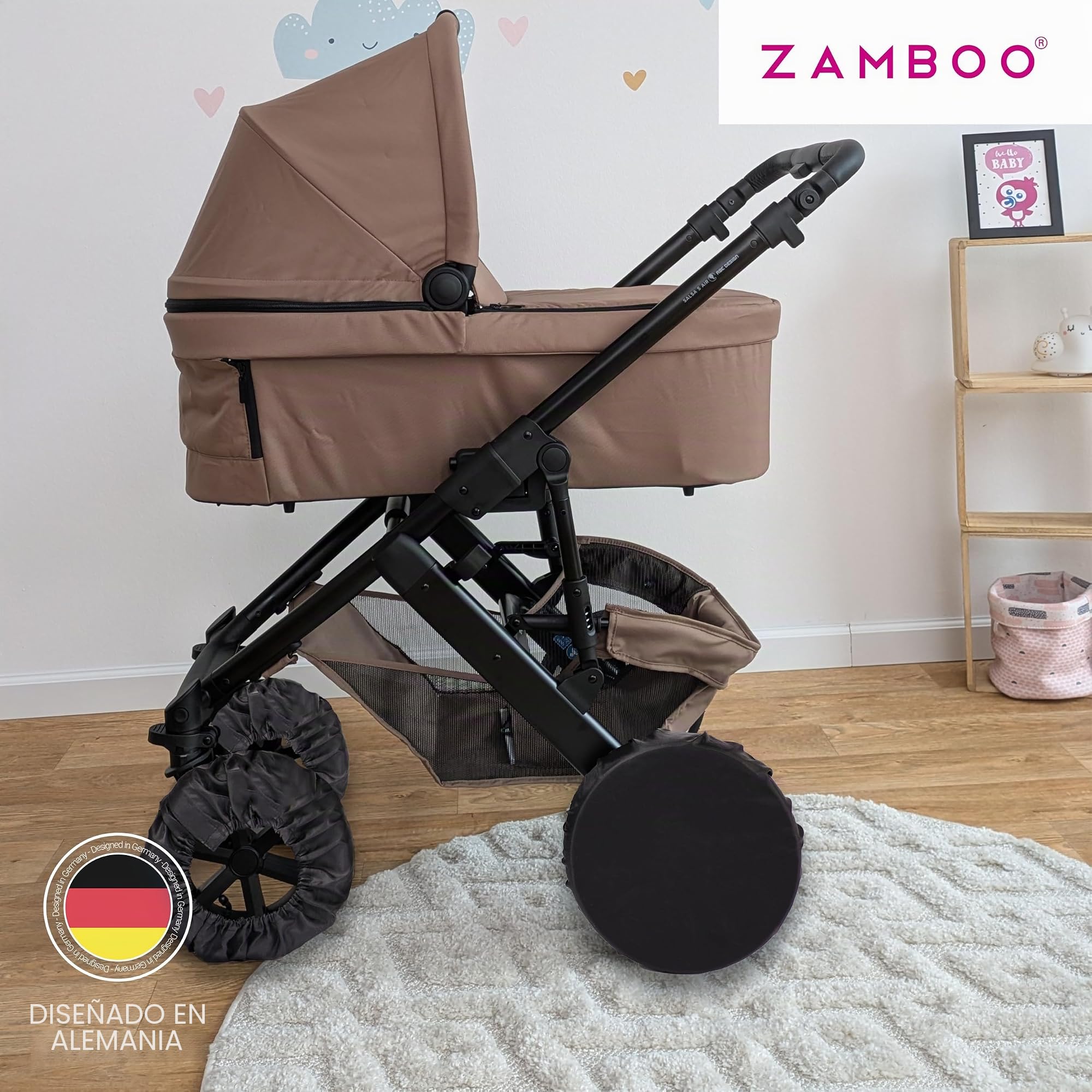 Zamboo Fundas Protectores de Ruedas para Cochecito | 4 Cubiertas Universales Impermeables para Rueda de Carrito Bebé | Antisuciedad para Casa y Coche | Lavables | Ajuste Seguro | Negro