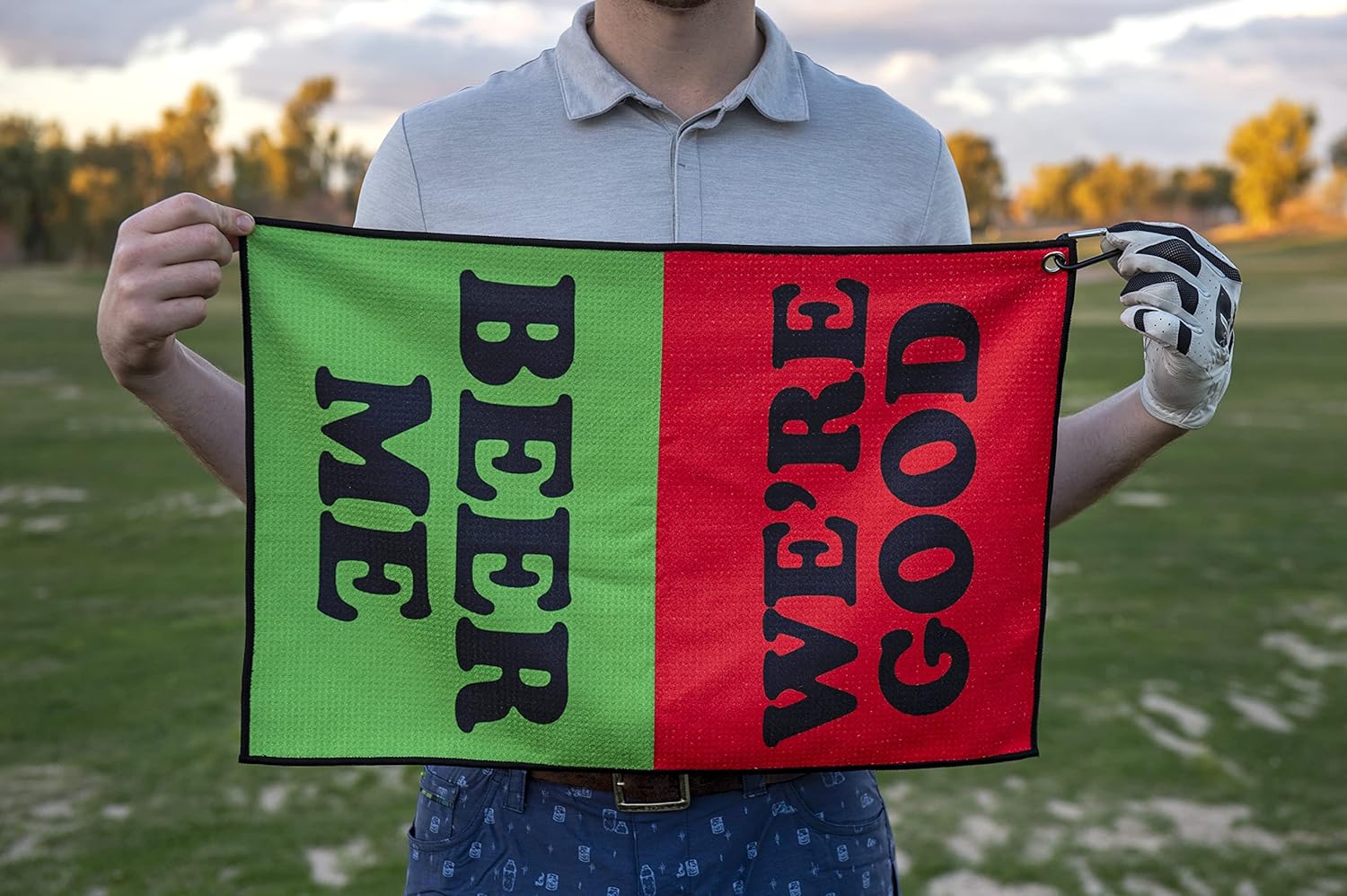 review Microfiber Golf Towel with Carabiner and Beer Me Graphic - Waffle Golf Towel
