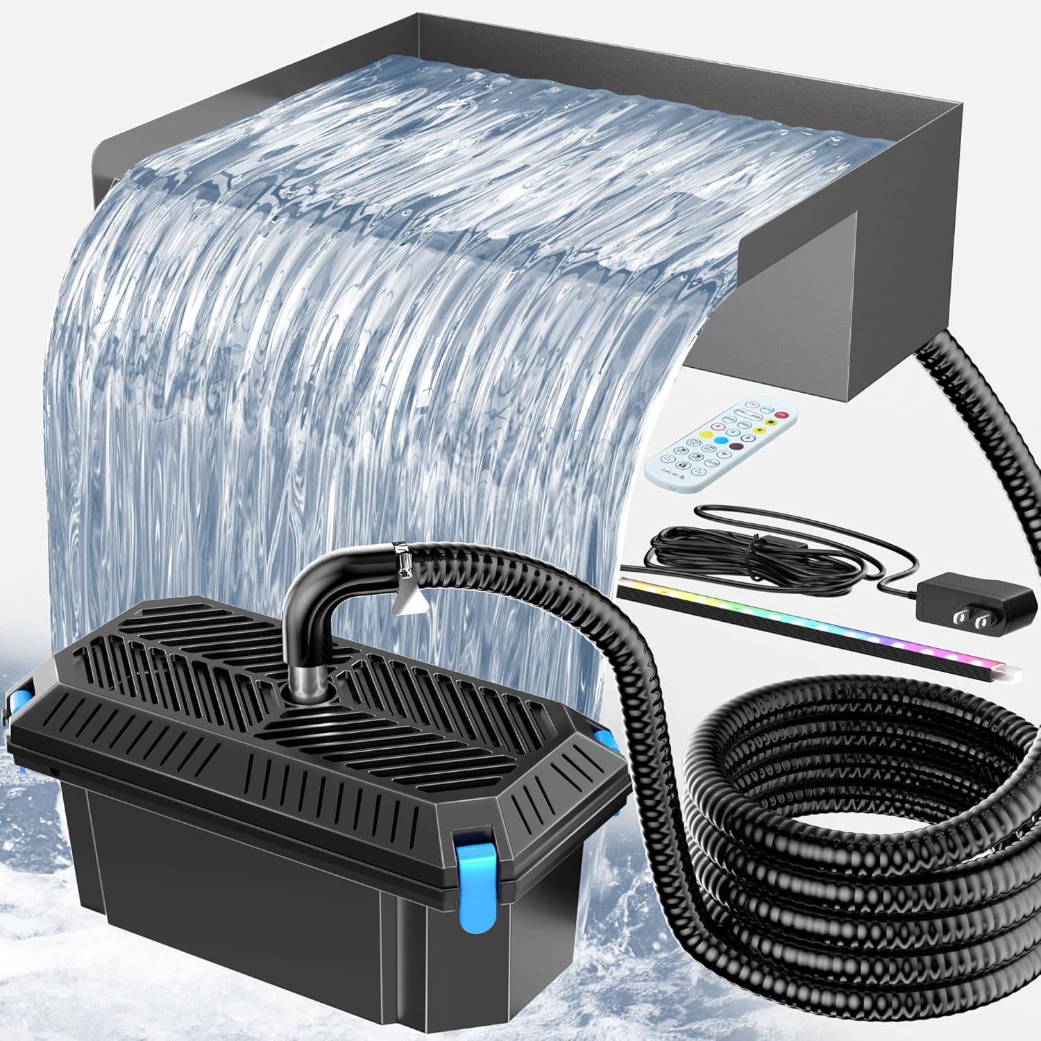POPOSOAP 12INCH Pond Waterfall Spillway with Multi-Stage Pond Filter & RGB LED Lights APP/Remote Control, 40W 660GPH Pump with 9.8FT Tubing for Garden Ponds, Aquariums, Outdoor Landscapes-P7331D