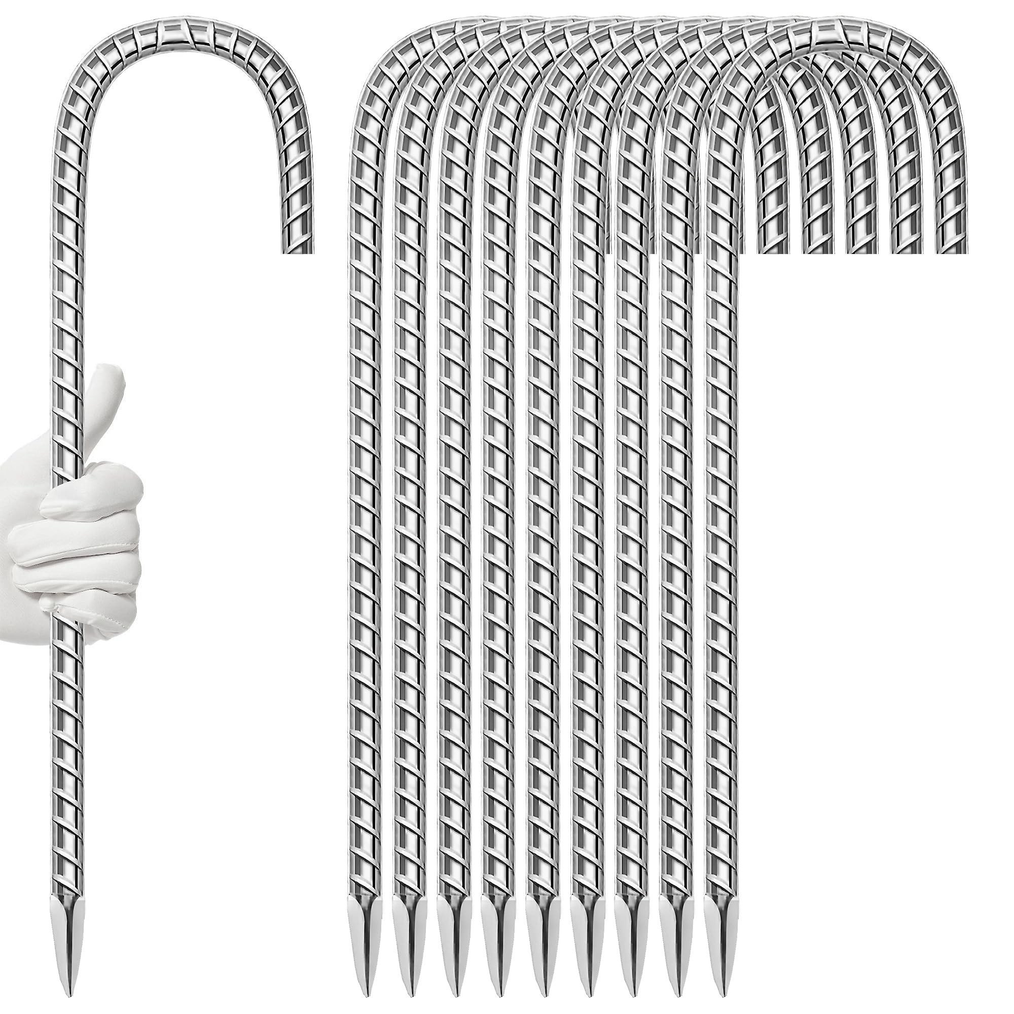 Lot de 10 piquets d'armature de jardin de 40,6 cm en acier galvanisé antirouille en forme de J, ancrages au sol robustes pour tentes, kits de position, clôtures et trampolines en tissu paysager