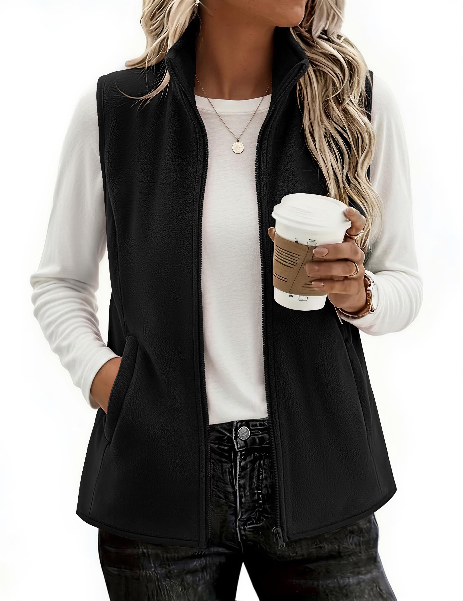 Zeagoo Womens Black Fleece Vest Pockets Sleeveless Zip Up Fall Outwear