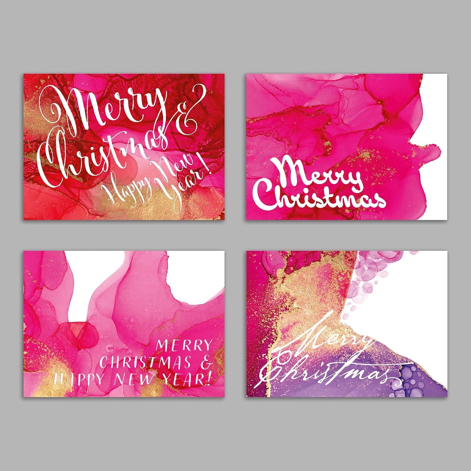 Ritzy Rose 24 Hot Pink Merry Christmas Cards in 4 Bright Colorful Designs + Envelopes