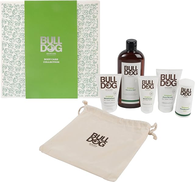 BULLDOG Skincare - Body Care Collection, Gift Set for Men (x1 Original Shower Gel 500ml, x1 Face Scrub 125ml, x1 Moisturiser 100ml, x1 Hand Cream 75ml, x1 Deodorant 75ml)