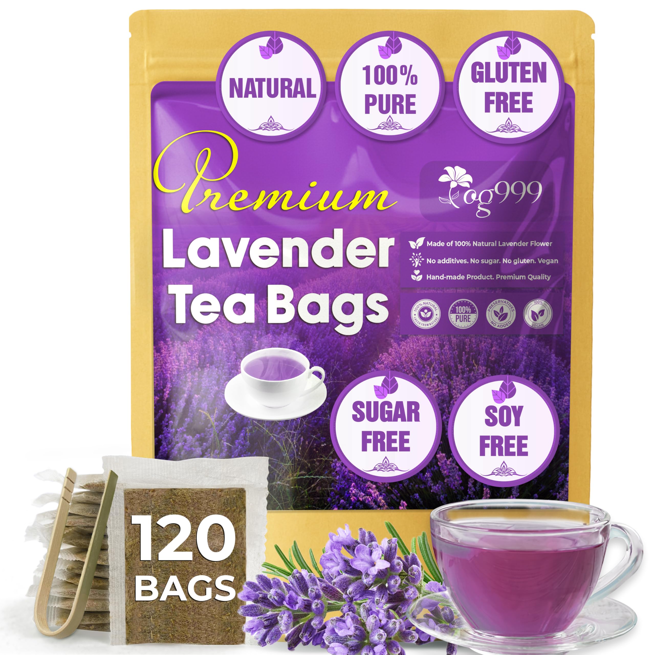 Premium 120 Lavender Flower Tea Bags, 100% Natural & Pure. Loose Flower Lavender Herbal Tea. No Sugar, No Caffeine, No Gluten, Vegan.
