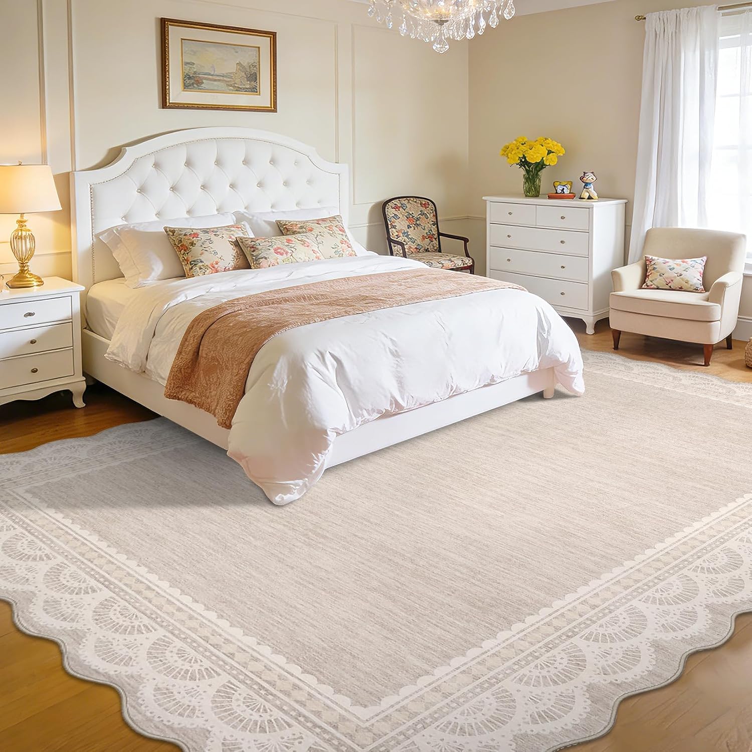 COZYLOOM 8x10 Area Rugs for Living Room Scalloped Lace Border Washable Rug with Non Slip Backing, Non Shedding Low Pile Soft Carpet Stain Resistant Farmhouse Mats for Dining Room, Bedroom, Beige