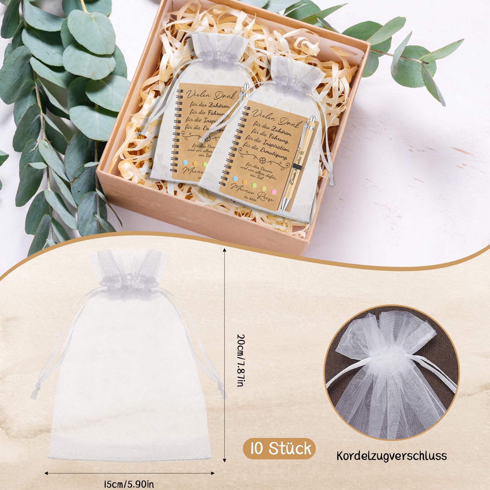 10 Sets Dankeschön Geschenke Klein, Notizbuch Klein mit Kugelschreiber und Organzabeutel, Vielen Danke für Alles, Abschiedsgeschenk Kollegen, Danke Geschenk Kollegin Erzieherin Lehrer Freunde