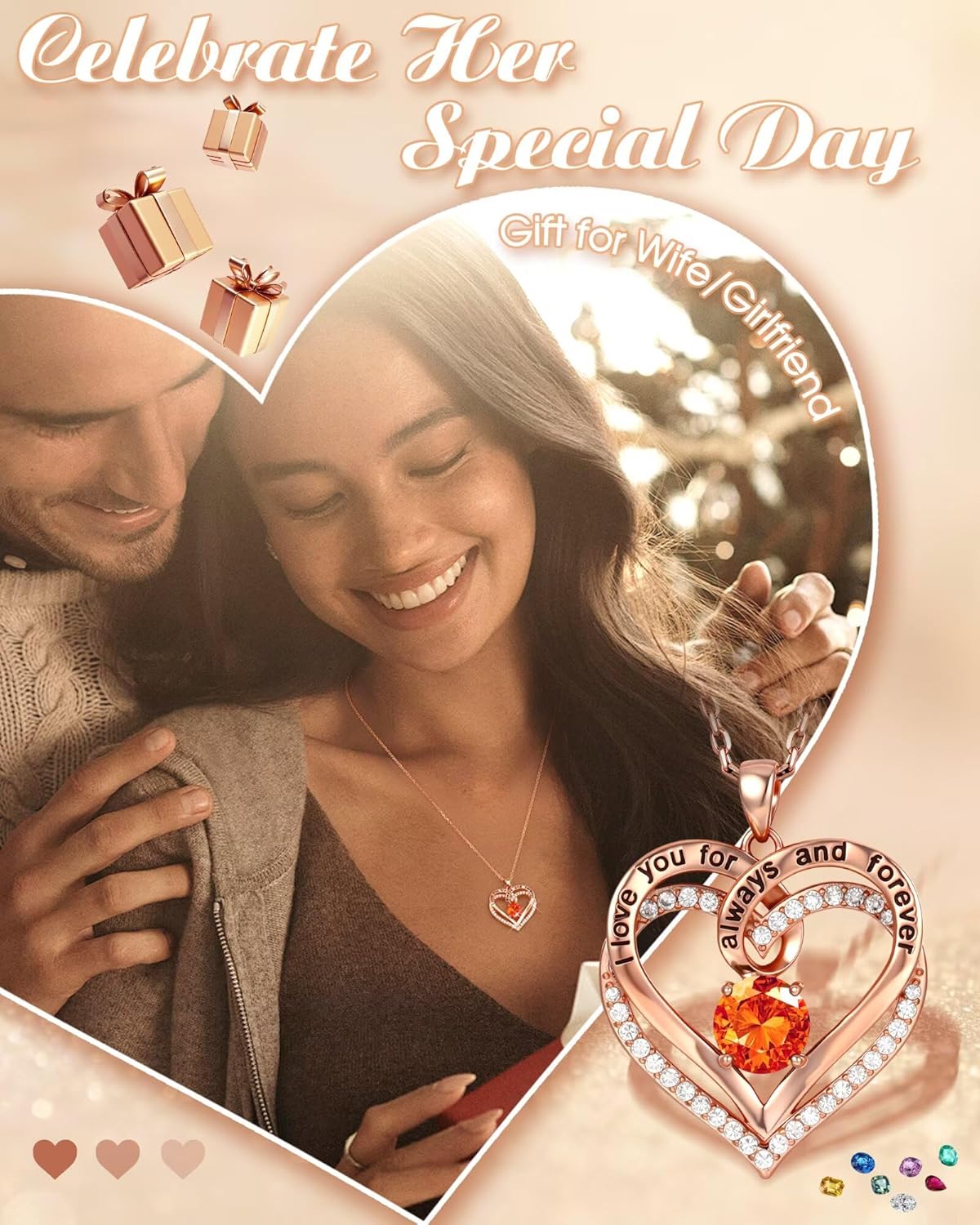 S925 Sterling Silver I Love You Heart Necklace Anniversary Birthday Gift for Women Rose Gold Forever Love Heart Birthstone Pendant for Her Valentines Christmas Gift for Daughter Wife Girlfriend Mom