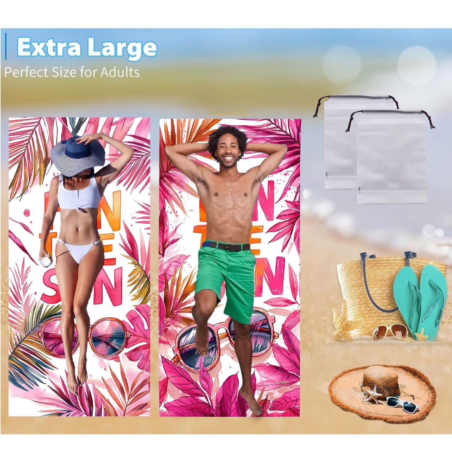 Strandtuch XXL, Mikrofaser Handtuch 2er Set 90 x 200 cm Groß Badetuch, Sommertag Strandtuch Schnell Trocknendes, Sandbeständig, Summer Must Haves, Saunahandtuch Herren, Geschenke für Frauen C-946