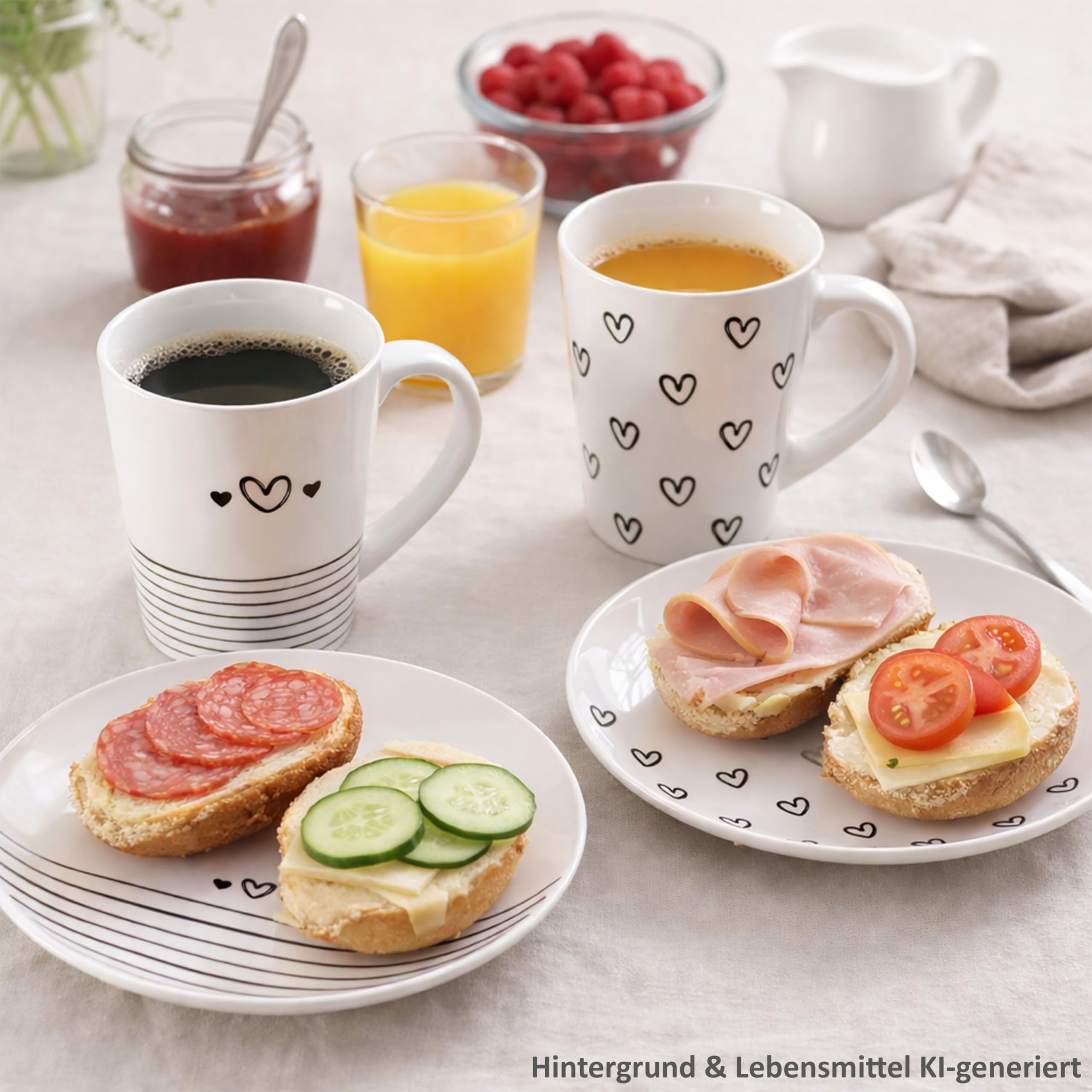 MamboCat Cupid 12tlg Frühstücksset I 6x Kuchenteller Ø18,5cm & 6x Kaffeebecher 350ml I Porzellan Geschirr schwarz-weiß mit Herz & Streifen Dekor I für Frühstück & Kaffeezeit