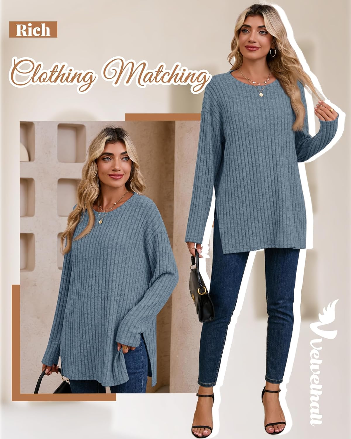 Oversized Sweaters for Women Lightweight Long Sleeve Crew Neck Ribbed Side Slit Loose Fall Top Pullover - Image 4