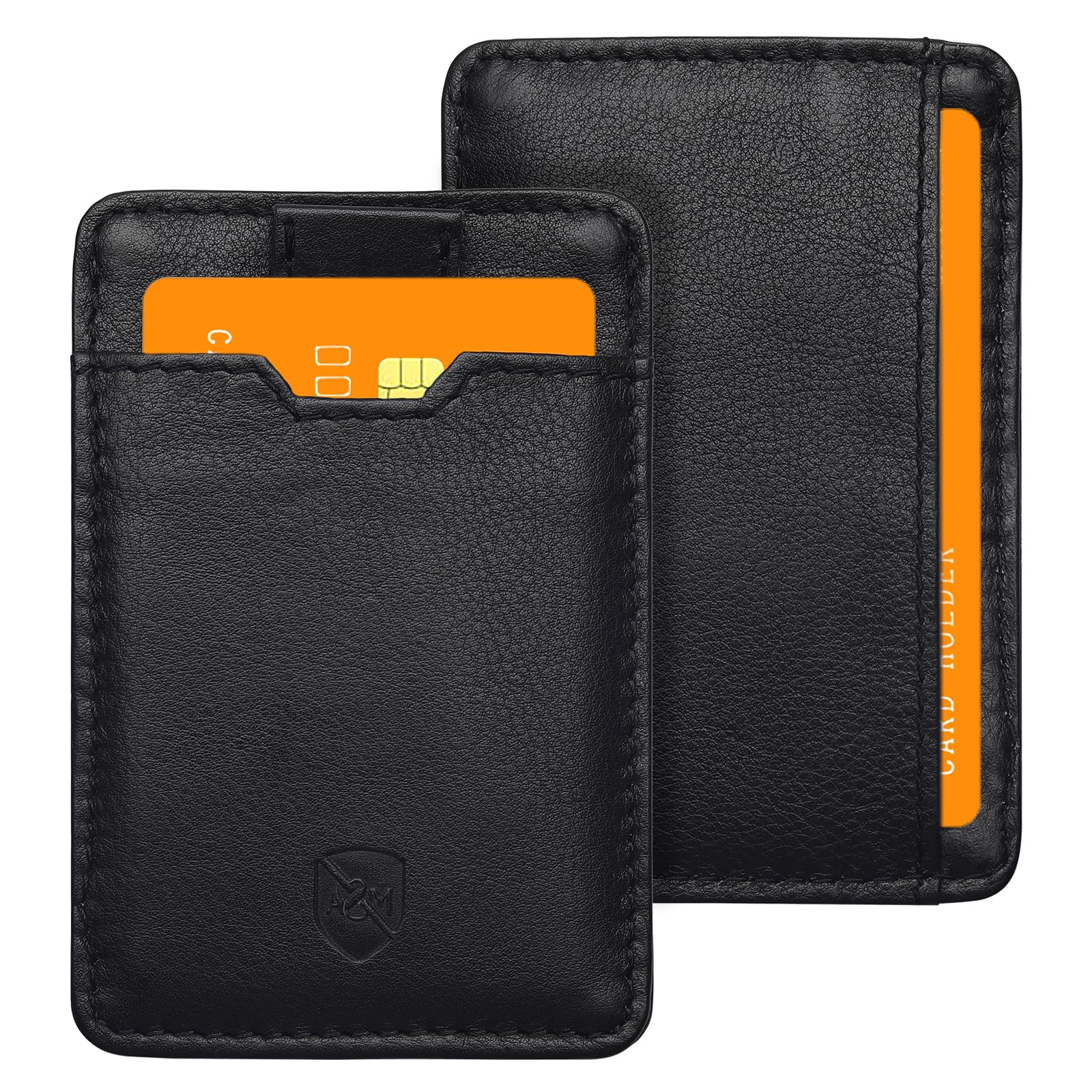 ALLEN & MATE100% Leather Slim Minimalist Wallet for Men – RFID Blocking Credit Card Holder with Smart Strap – Holds 5 Cards – Compact Front Pocket Wallet (Black)