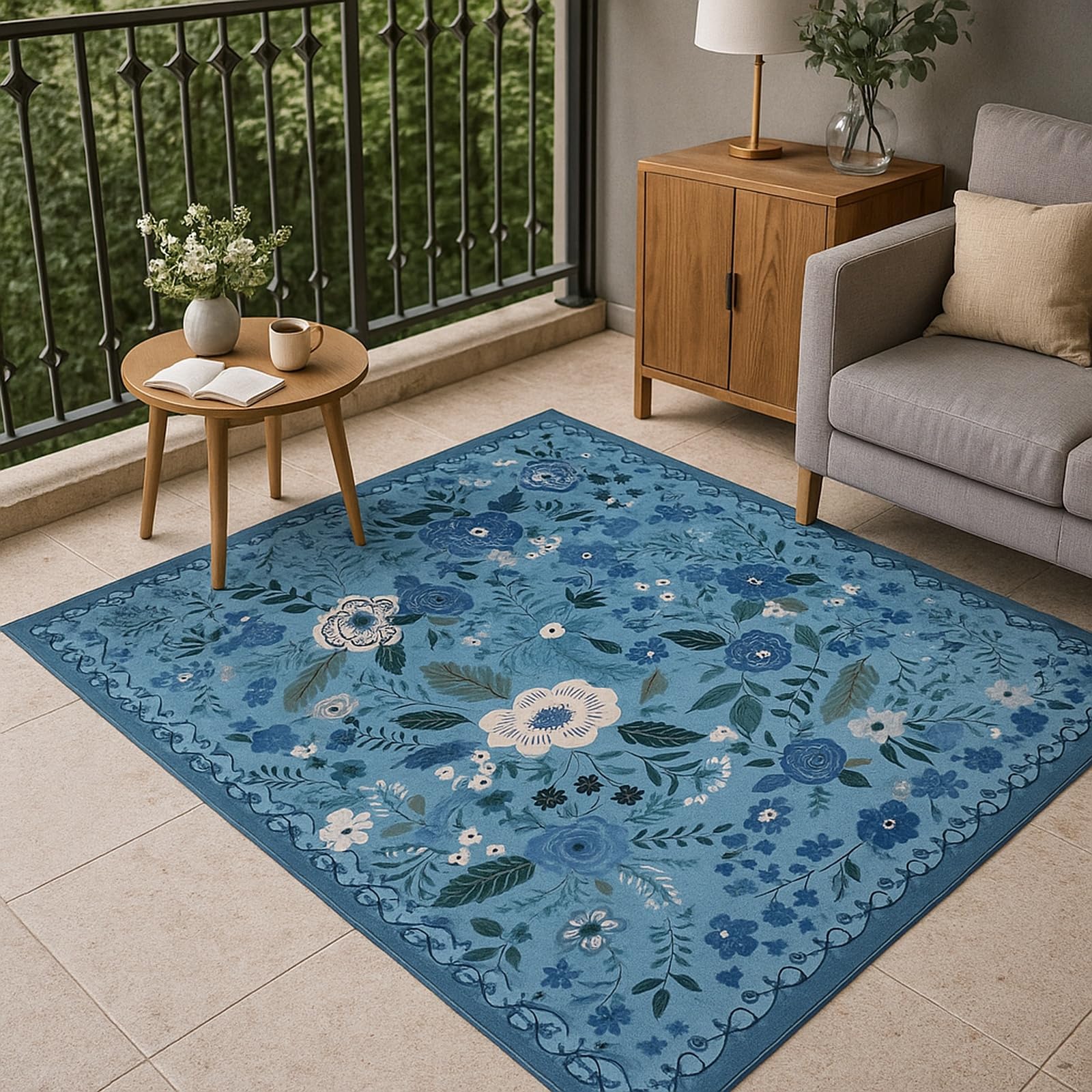Tapis poils courts facile à nettoyer bleu et crème pour couloir