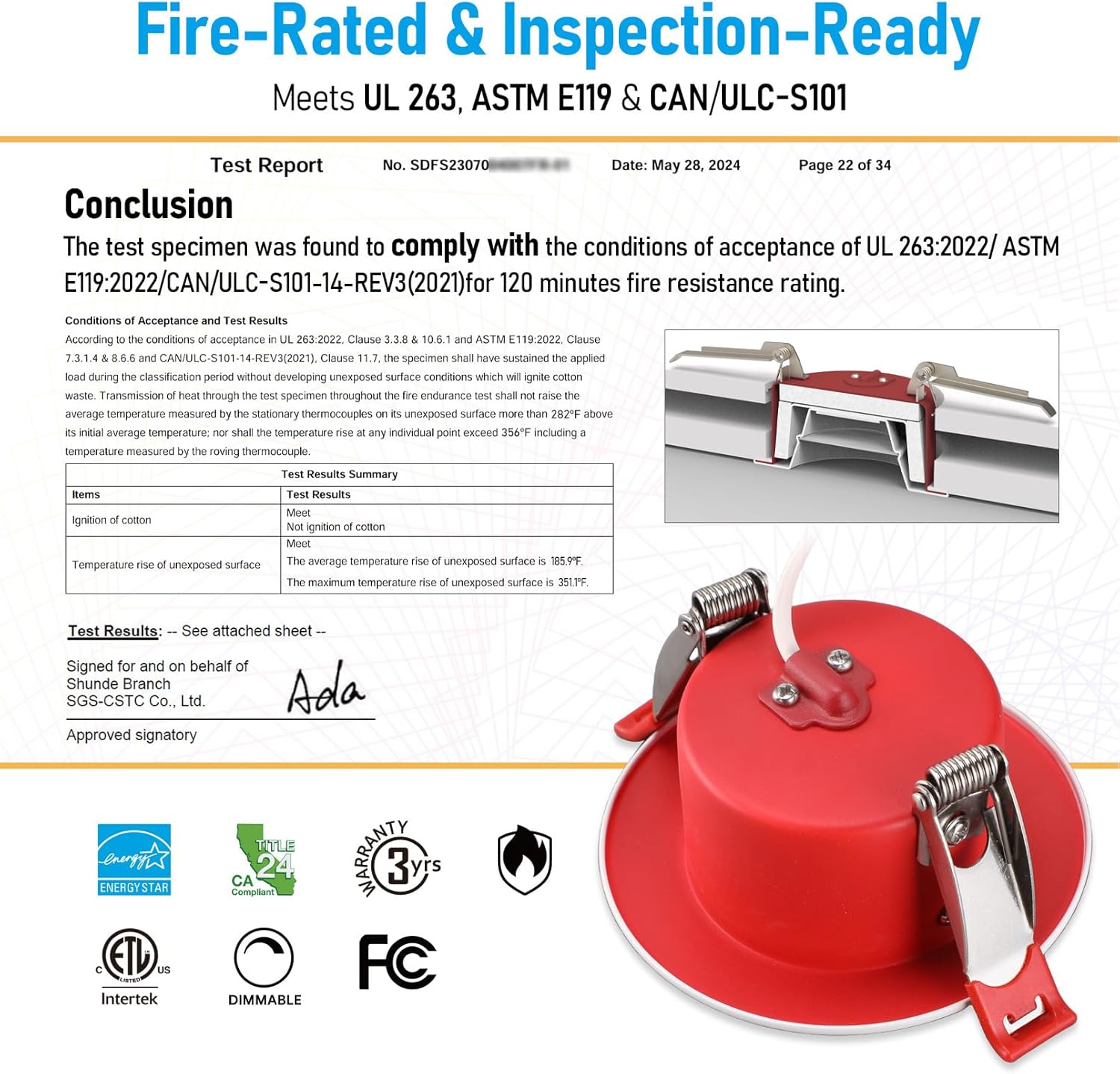 TORCHSTAR 3 Inch 2 Hour Fire Rated Gimbal LED Recessed Light, Meets UL263 & ASTM E119, IC Rated Airtight 7W Canless Downlight with J-Box, 5CCT Dimmable for Fire-Rated Commercial Ceilings