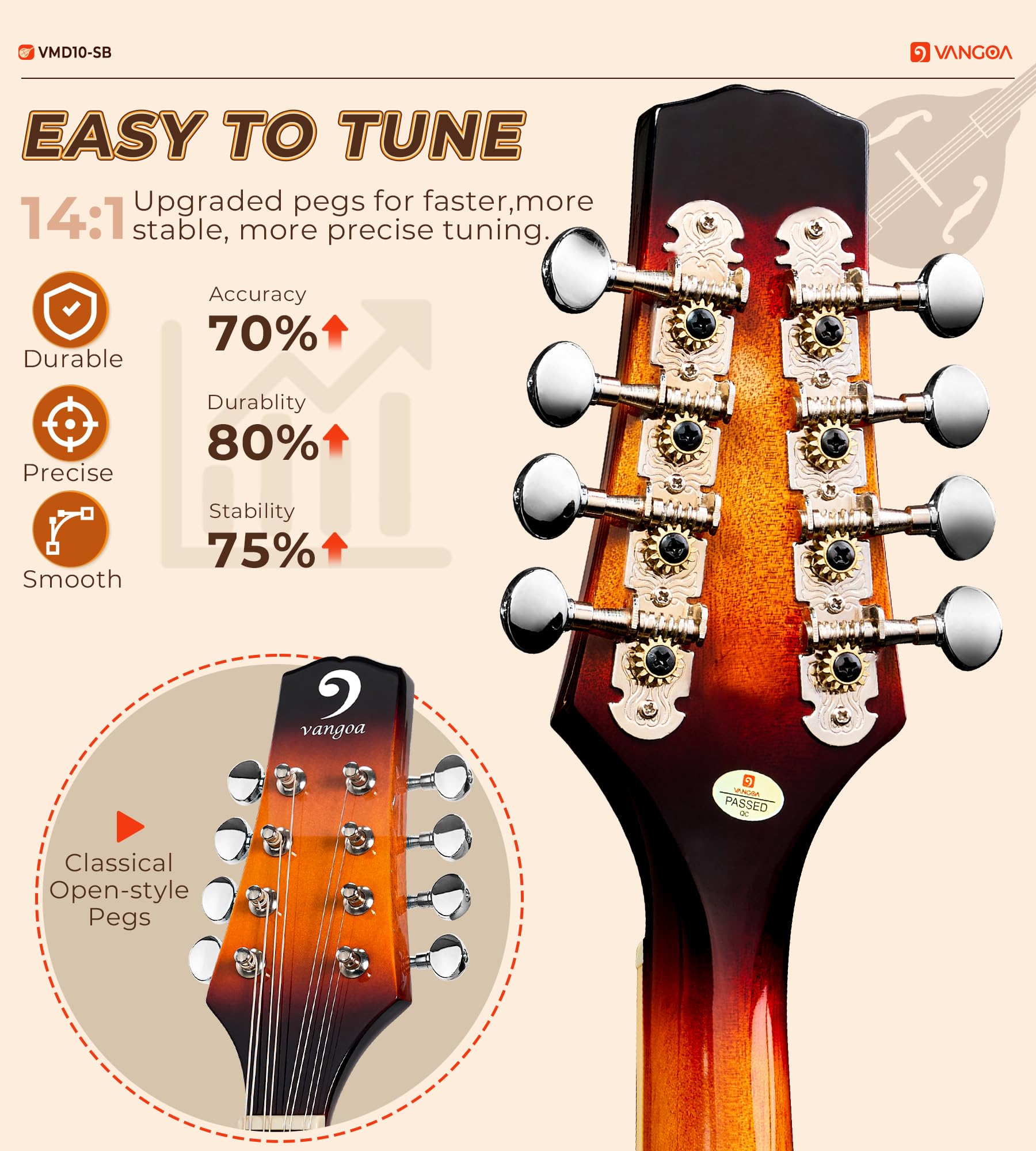 Vangoa Acustico Mandolino Strumento A-stile Mandolin Bluegrass Mandolino a 8 corde per Principiante, Sunburst