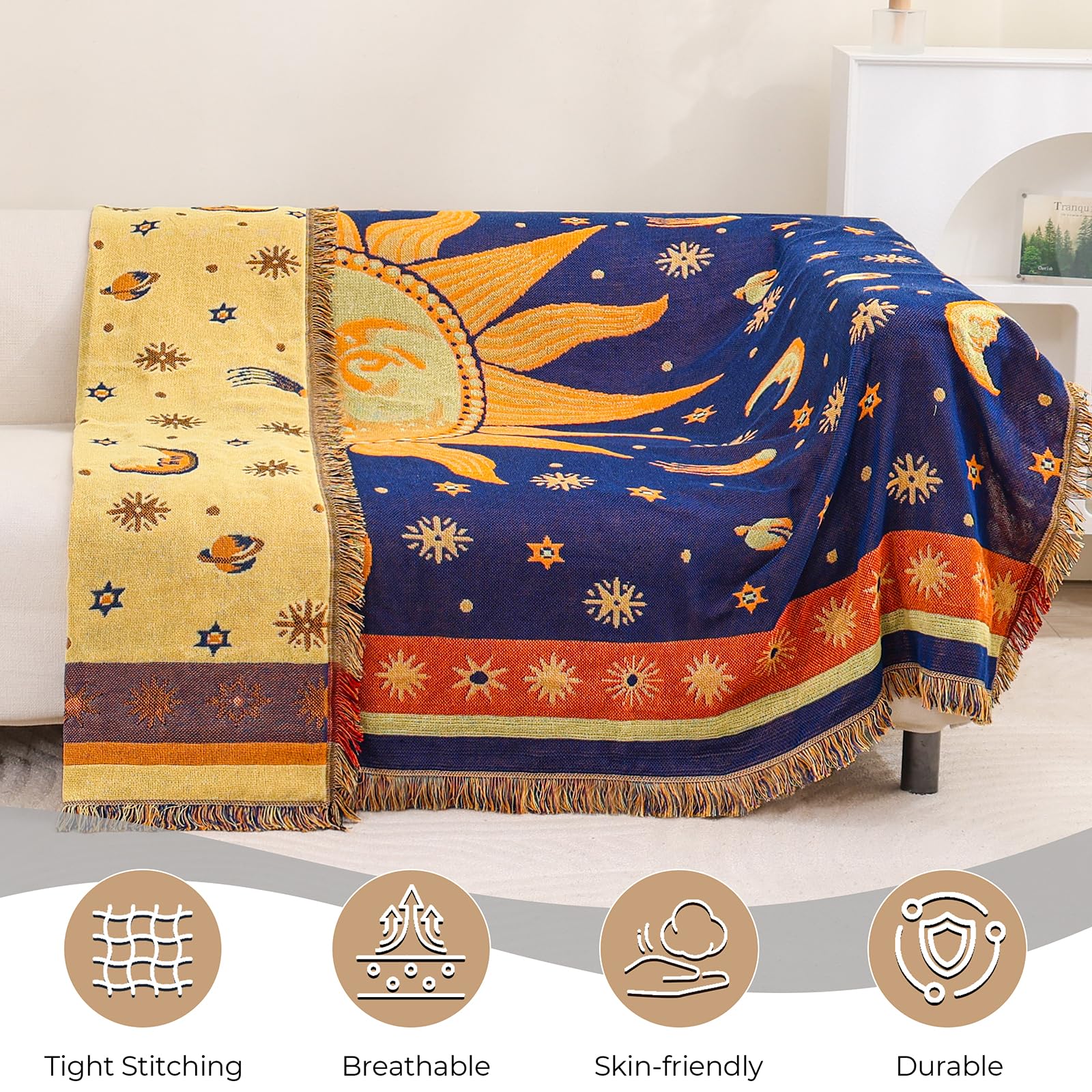 HOORDRY Grande coperta per divano, 180 x 230 cm, reversibile, motivo sole e luna, blu e giallo, in morbido misto cotone/poliestere, per divano a 3 posti, chaise longue, matrimoniale/king size