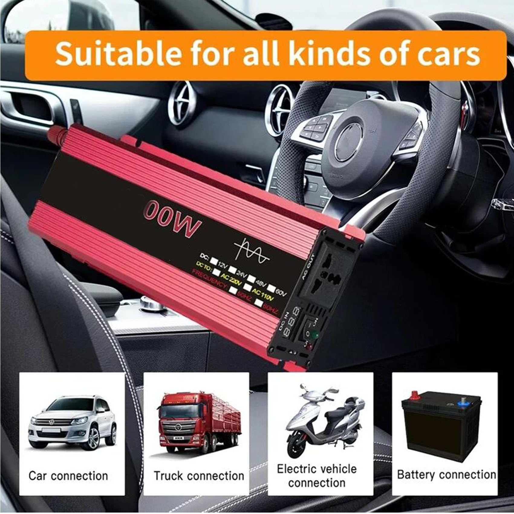 1600W Auto-Stromrichter LED-Spannungskapazität Display Wandler 12V 24V 48V 60V auf 220V Auto elektrische Wechselrichter geeignet für Urlaub, Camping und Geschäftsreise