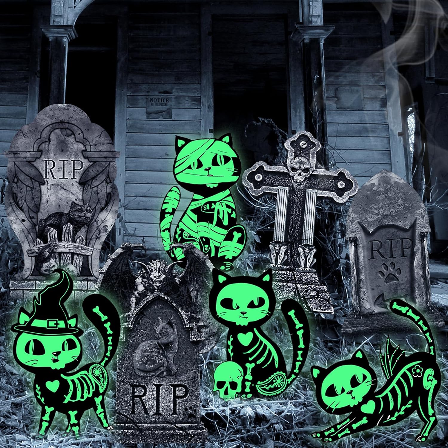 8PCS Halloween Decorations Outdoor Yard Signs 4pcs Glow in the Dark Black Cat 4pcs Graveyard Tombstones Signs with Stakes Scary Decorations with Witch Hat for Lawn Party Supplies Outdoor Decoration