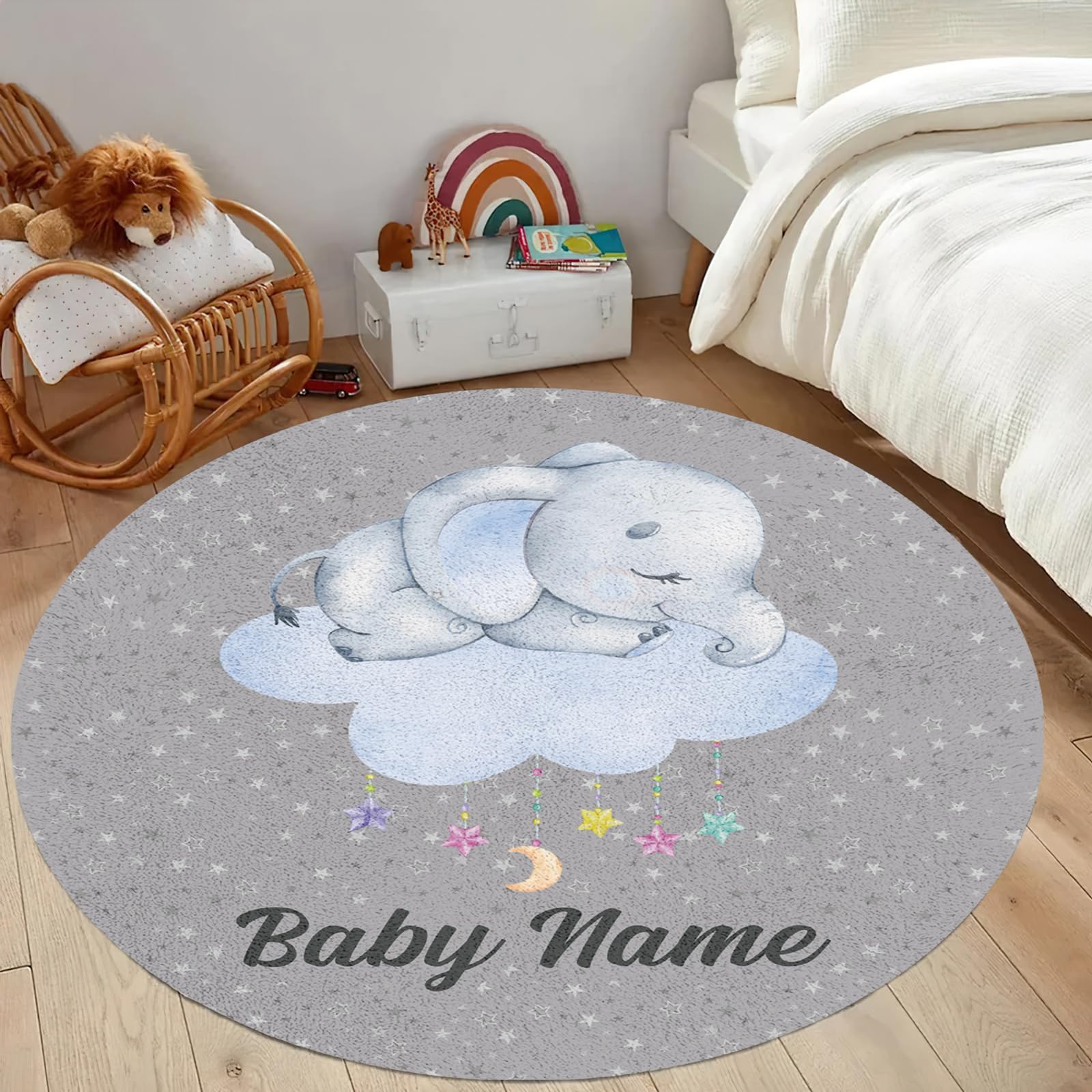 Rucekia Personalized Elephant Toddler Rug for Boys Girls: Custom Fluffy Area Rug for Bedroom Living Room - Baby Gifts Grey Plush Decor