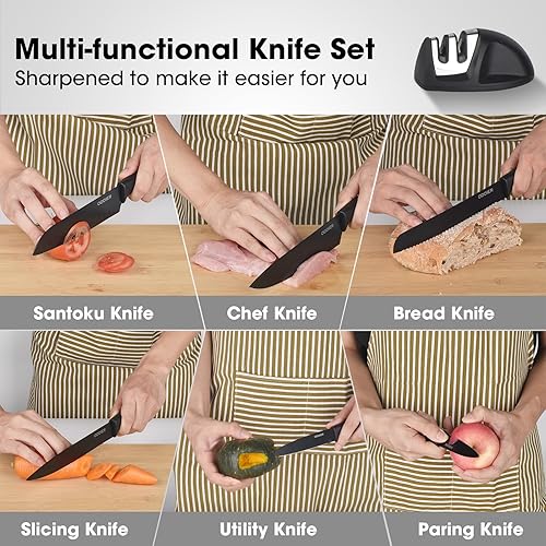 Miniatura 8 de Juego de cuchillos de cocina de 10 piezas con bloque y afilador, juego de cuchillos de acero inoxidable antioxidante para cocina, juego universal de