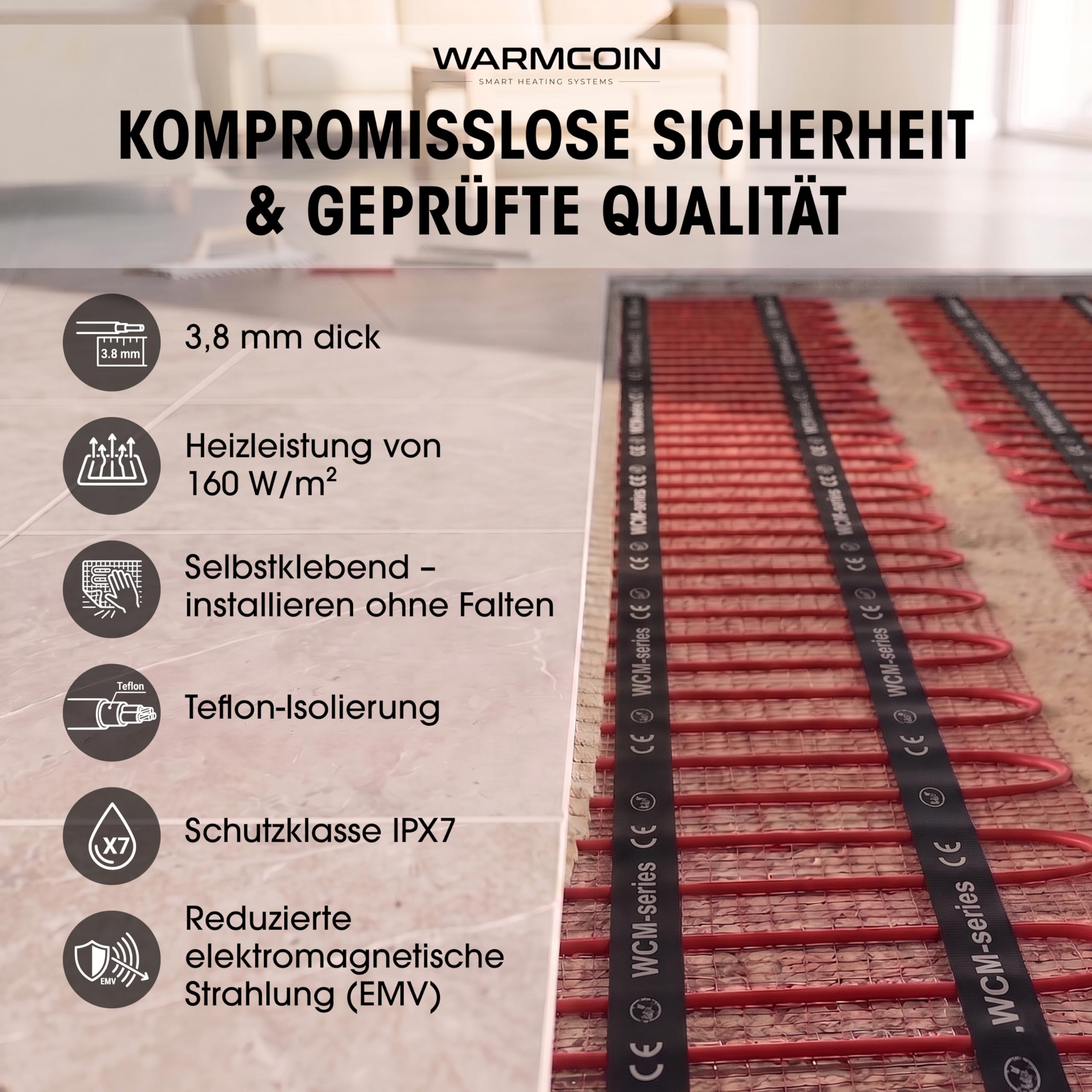 Elektrische Fußbodenheizung Paket 160 W/m² – Fliesen, Laminat & Vinyl – 1,5 m² – W40 WLAN-Thermostat mit komfortabler Temperatursteuerung – Smart Home