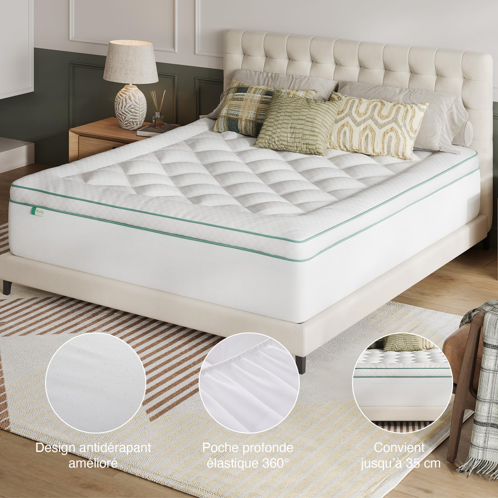 Novilla Surmatelas Mémoire de Forme 120x190 cm (Lit 1 Place et Demi), Topper Gel 2 en 1 avec Housse Matelassée Épaisse, Design Séparable, Moelleux + Soutien