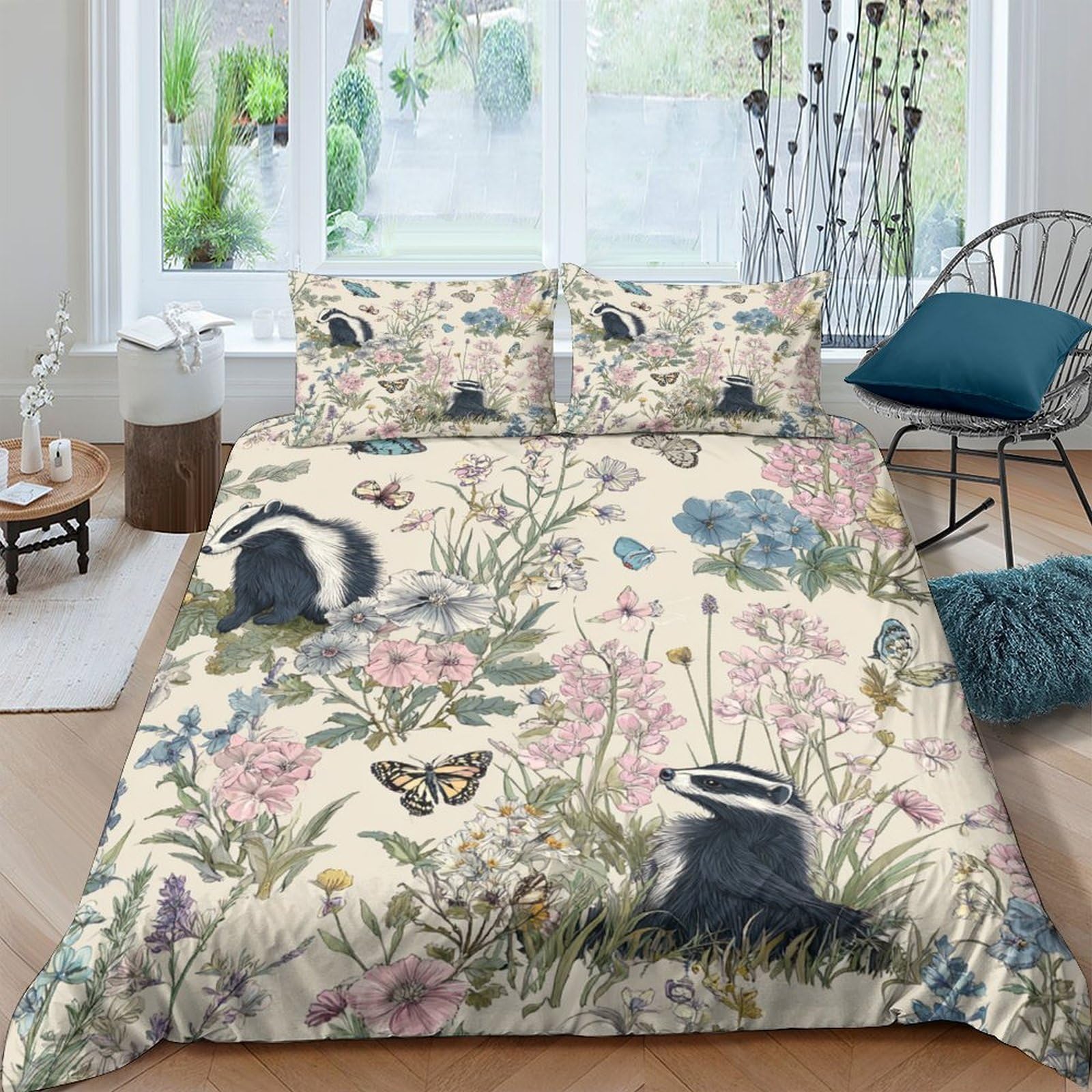 Ctjqhvkz Style-6 3D Printed Badger Floral Fitted Sheet Microfiber Soft Breathable Woodland Butterfly Mattress Cover Bedroom Decor Single（135X200cm）