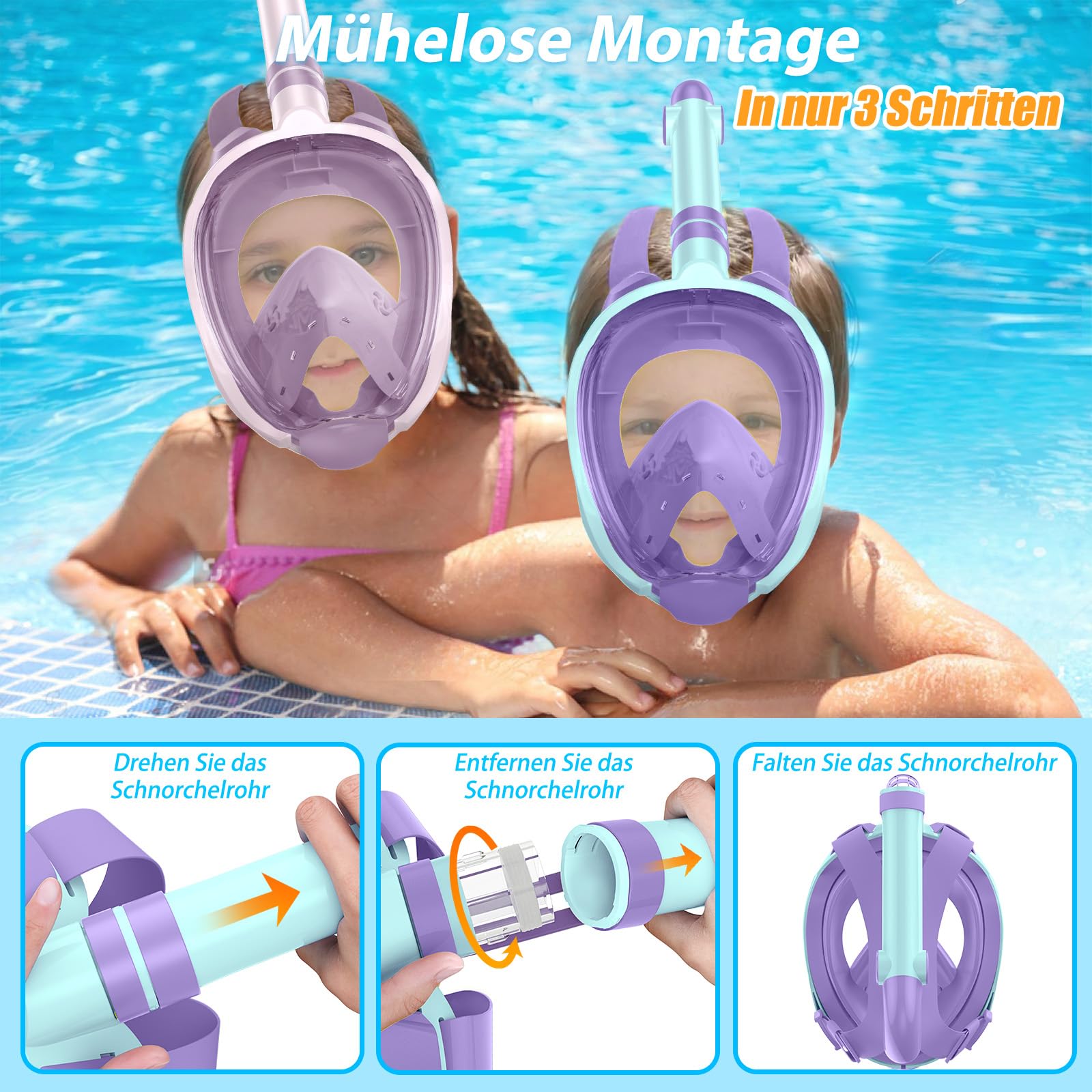 X99 Schnorchelmaske Vollmaske,180-Grad-Sicht Anti-Fog Tauchmaske mit Sportkameras Kompatible, Taucherbrille für Kinder