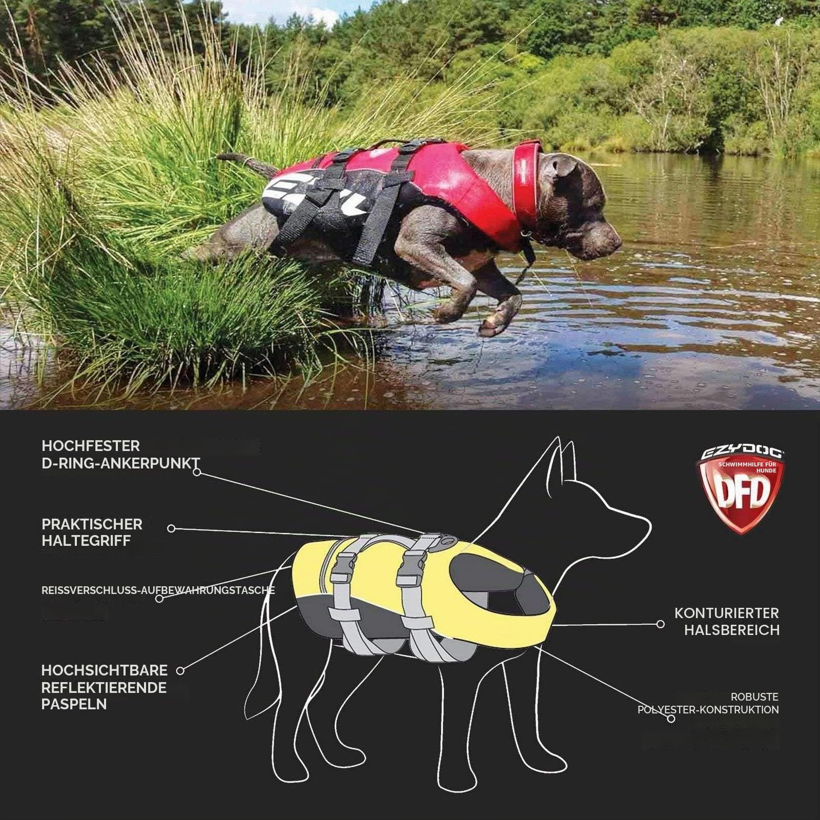EzyDog Schwimmweste Hund - DFD Hundeschwimmweste - Schwimmwesten für für Kleine, Mittelgroße und Große Hunde - Rettungsweste mit Griff und Reflektoren, Größenverstellbar (M, Rot)