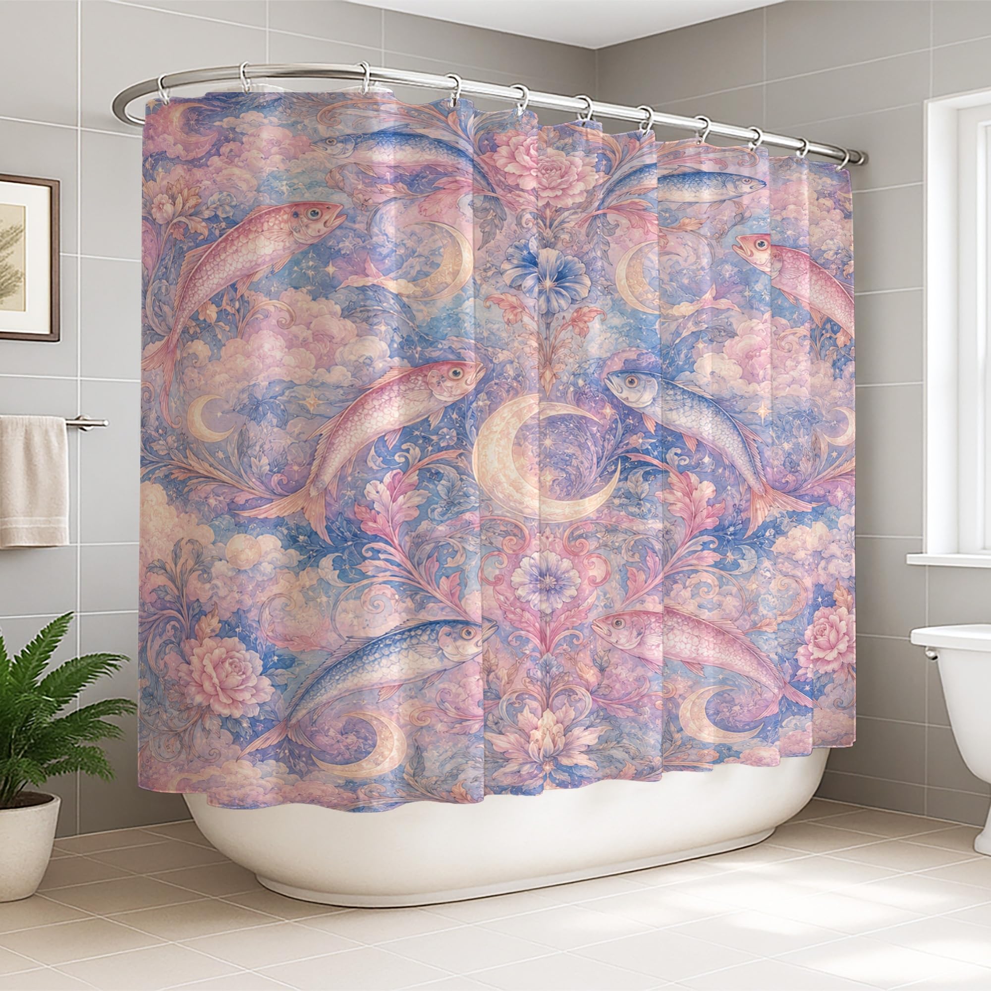 Rideau de douche extra large imprimé poisson lune pour décoration raffinée