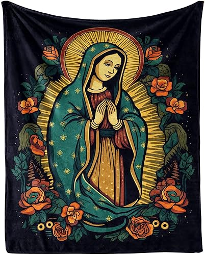 Manta de franela virgen maría, 50 x 40 pulgadas, manta negra con temática de Nuestra Señora de Guadalupe, manta suave para siesta para el hogar,