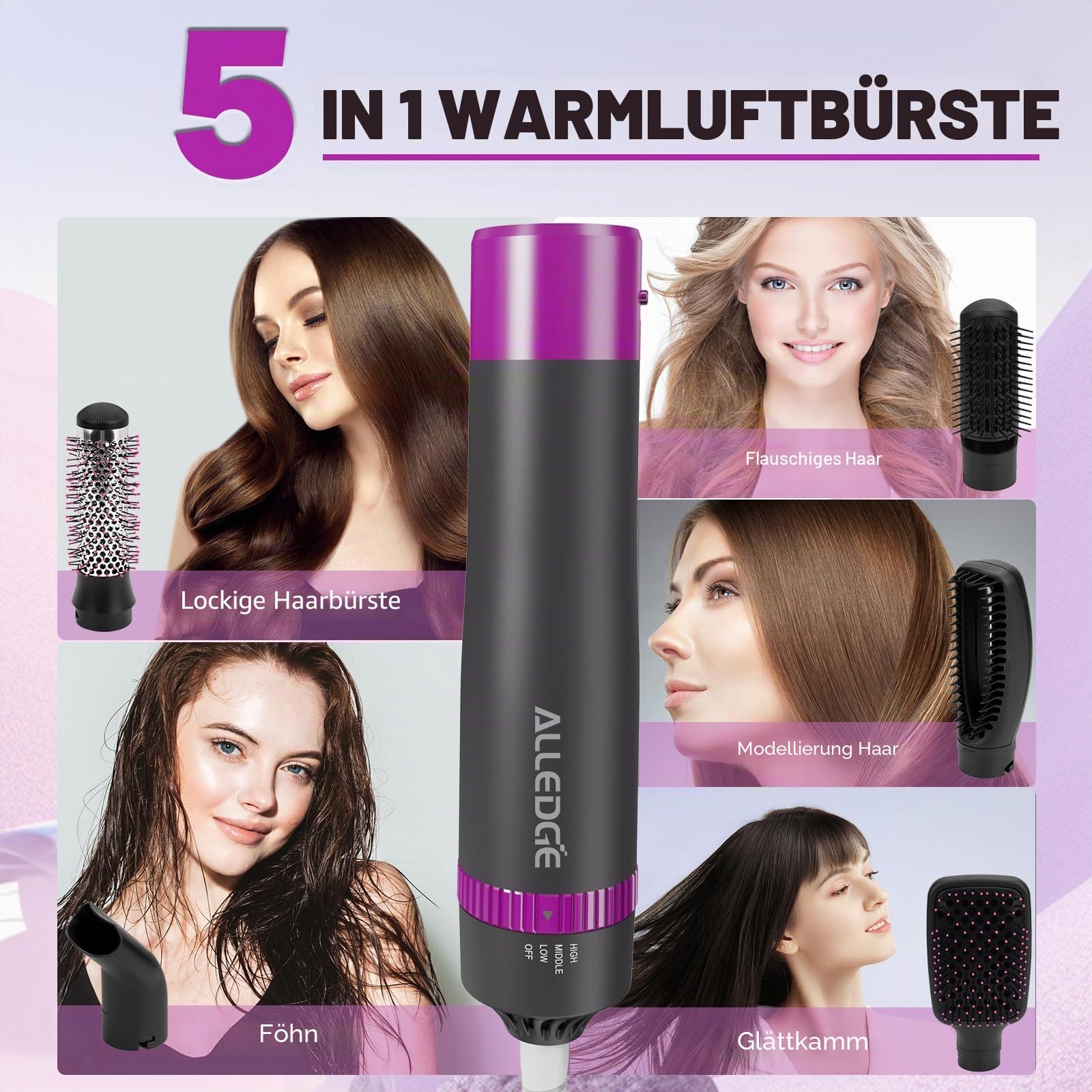 5-in-1 Warmluftbürste-Föhnbürste Set mit Negativerionen-Technologie - Warmluftbürste für Trocknen, Glätten, Locken und Styling - Austauschbare Volumizer-Bürste