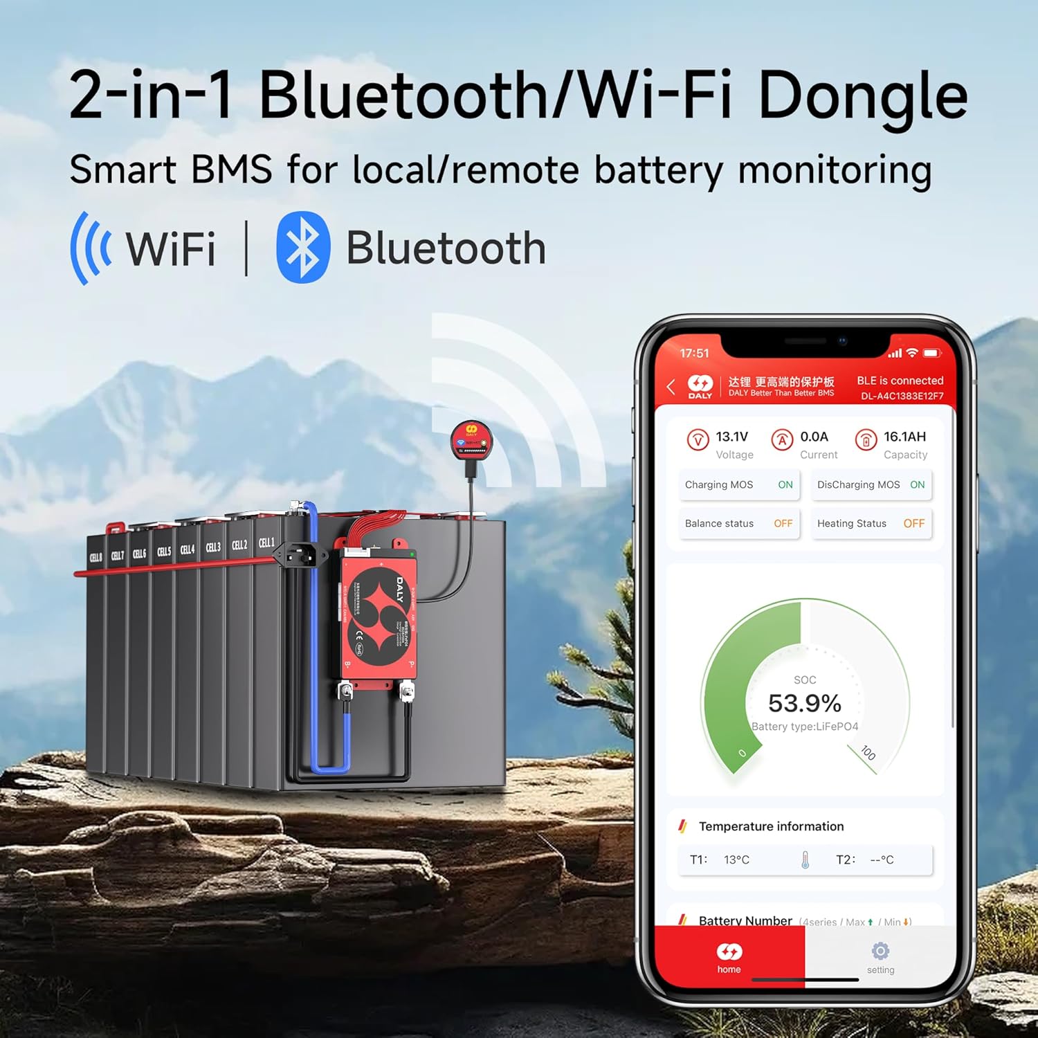 Image showing the DALY 2-in-1 Bluetooth/Wi-Fi Dongle and a smartphone displaying the Smart BMS app interface with battery status.