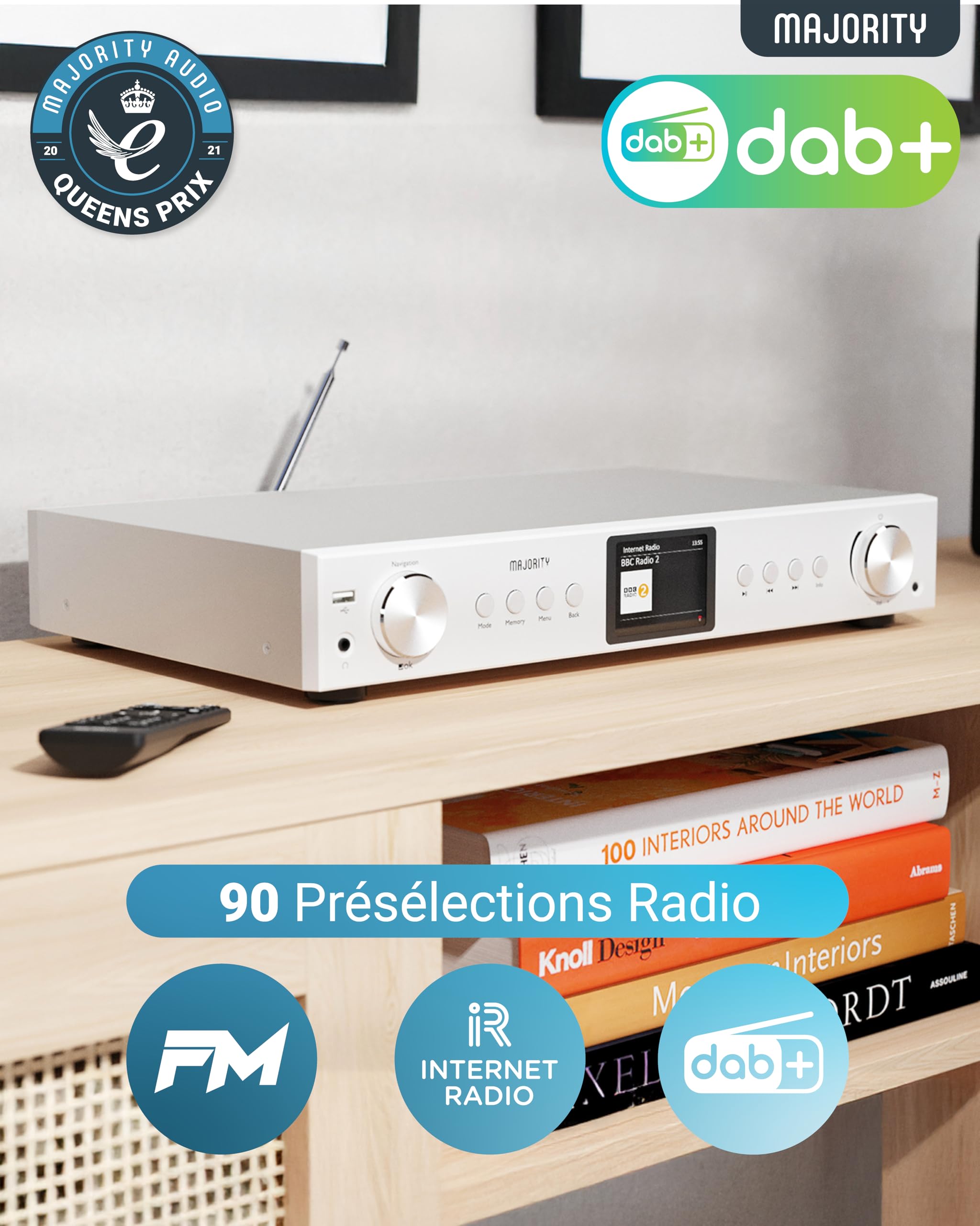 Radio Internet Dab FM WiFi Bluetooth |Tuner Dab pour Chaine HiFi avec Spotify Connect | Tuner HiFi avec Plus de 90 présélections, écran LED Couleur | USB, AUX, RCA | Majority Fitzwilliam 2024 (Argent)
