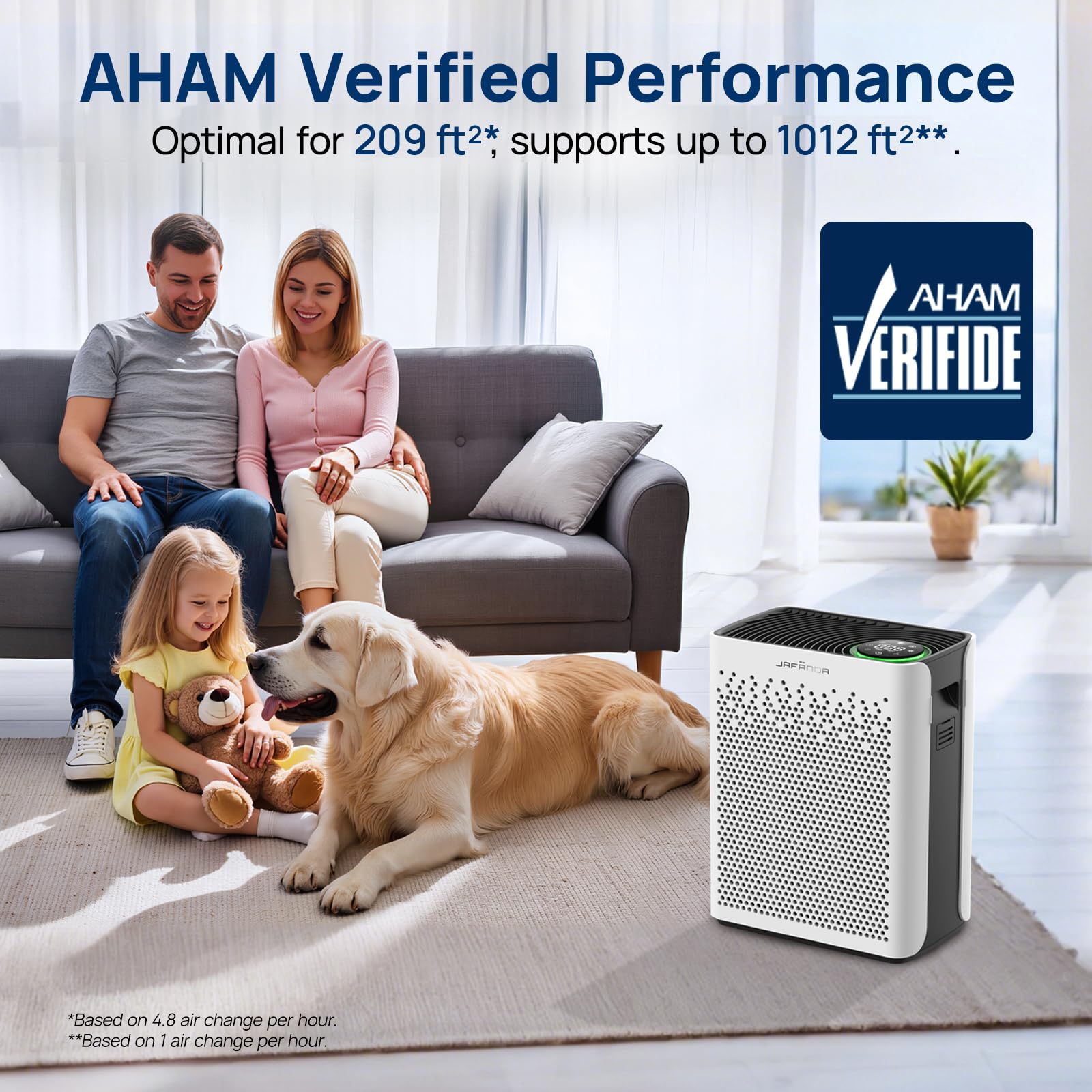 Jafanda JF280 Luftreiniger für Schlafzimmer/Raucherzimmer/Staub & Allergiker– 20dB Schlafmodus, Automatik, – AHAM-Geprüft, H13-HEPA-Filter mit Echtzeit-PM2.5-Anzeige, CADR 153CFM