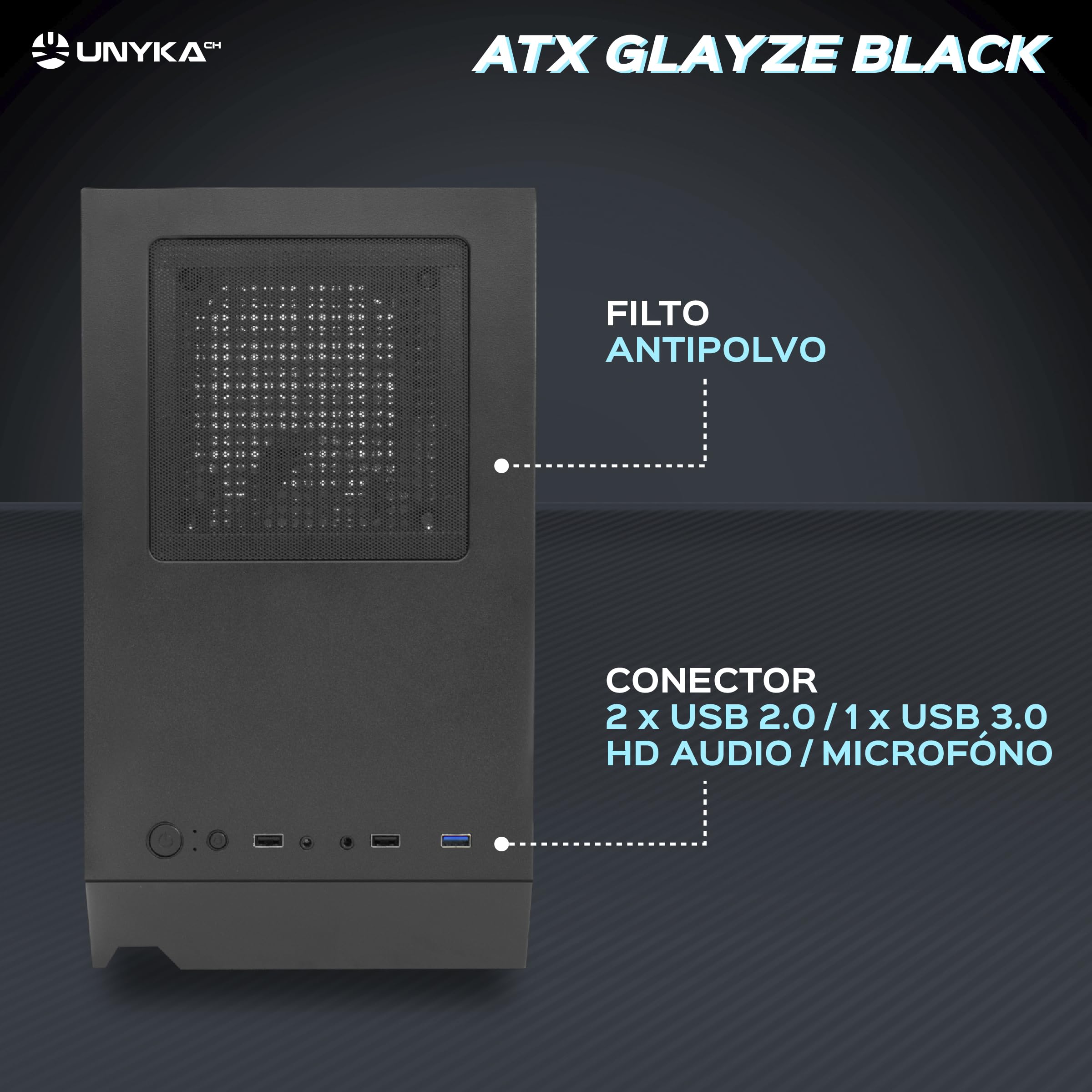 Unykach - Case Computer GamingATX Glayze Nero, frontale ARGB, pannello laterale in vetro temperato, 1 ventola RGB 120 mm, sistema di montaggio senza strumenti, 1 USB 3.0 e 2 USB 2.0
