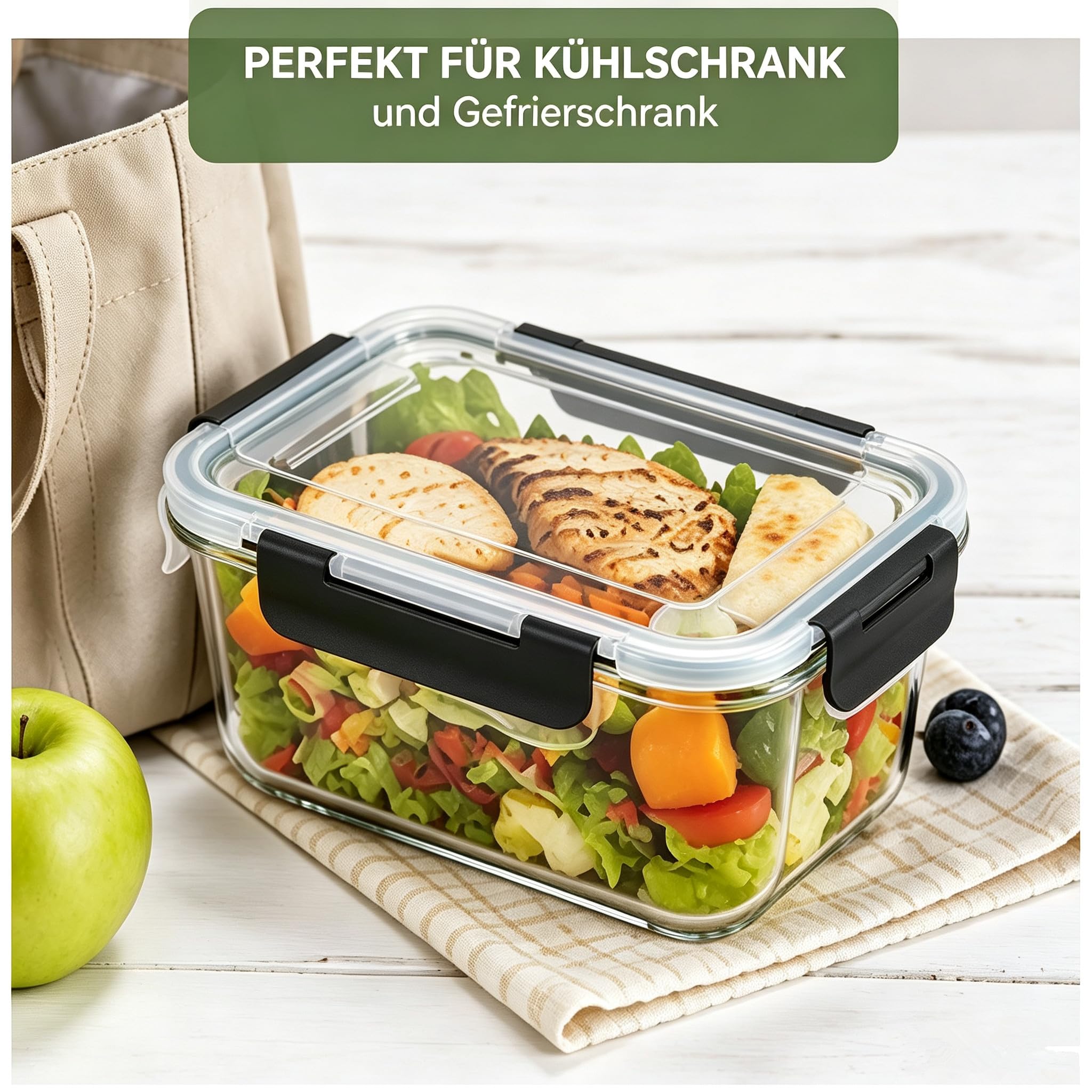 Juego de 8 cajas de almacenamiento de cristal, sin BPA, apto para microondas y congelador, perfecto para preparar comidas y almacenamiento de alimentos. (Negro)